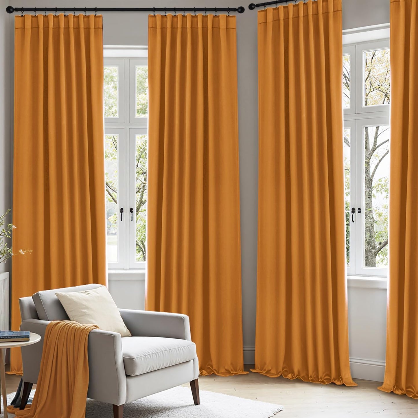 ANRODUO Back Tab Blackout Curtains for Bedroom Living Room, Rod Pocket Pinch Pleated Thermal Insulated Room Darkening Curtains 84 Inches Long 2 Panels, Mustard Yellow, 42 x 84 Inch