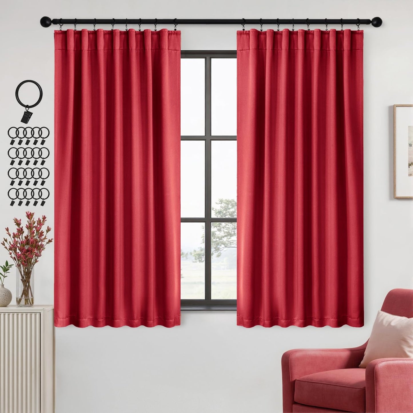 ANRODUO Back Tab Blackout Curtains for Bedroom Living Room, Rod Pocket Pinch Pleated Thermal Insulated Room Darkening Curtains 72 Inches Long 2 Panels, Red, 42 x 72 Inch