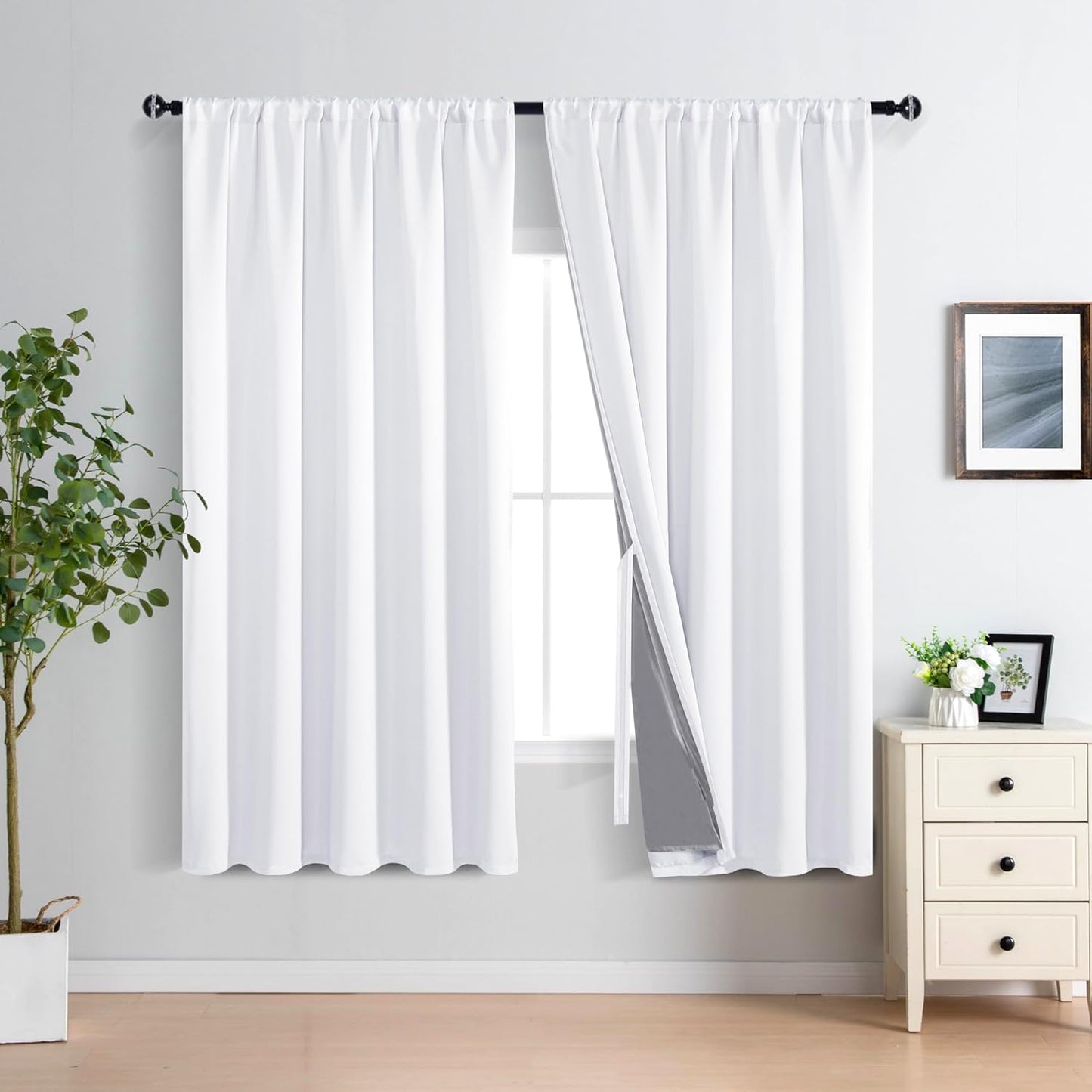 XWZO Full Blackout Curtain with Tiebacks- Rod Pocket Thermal Insulated Black Liner Curtains, Noise Reducing and Heat Blocking Drapes for Hall and Studio Large Windows, White, W70 x L63, Set of 2