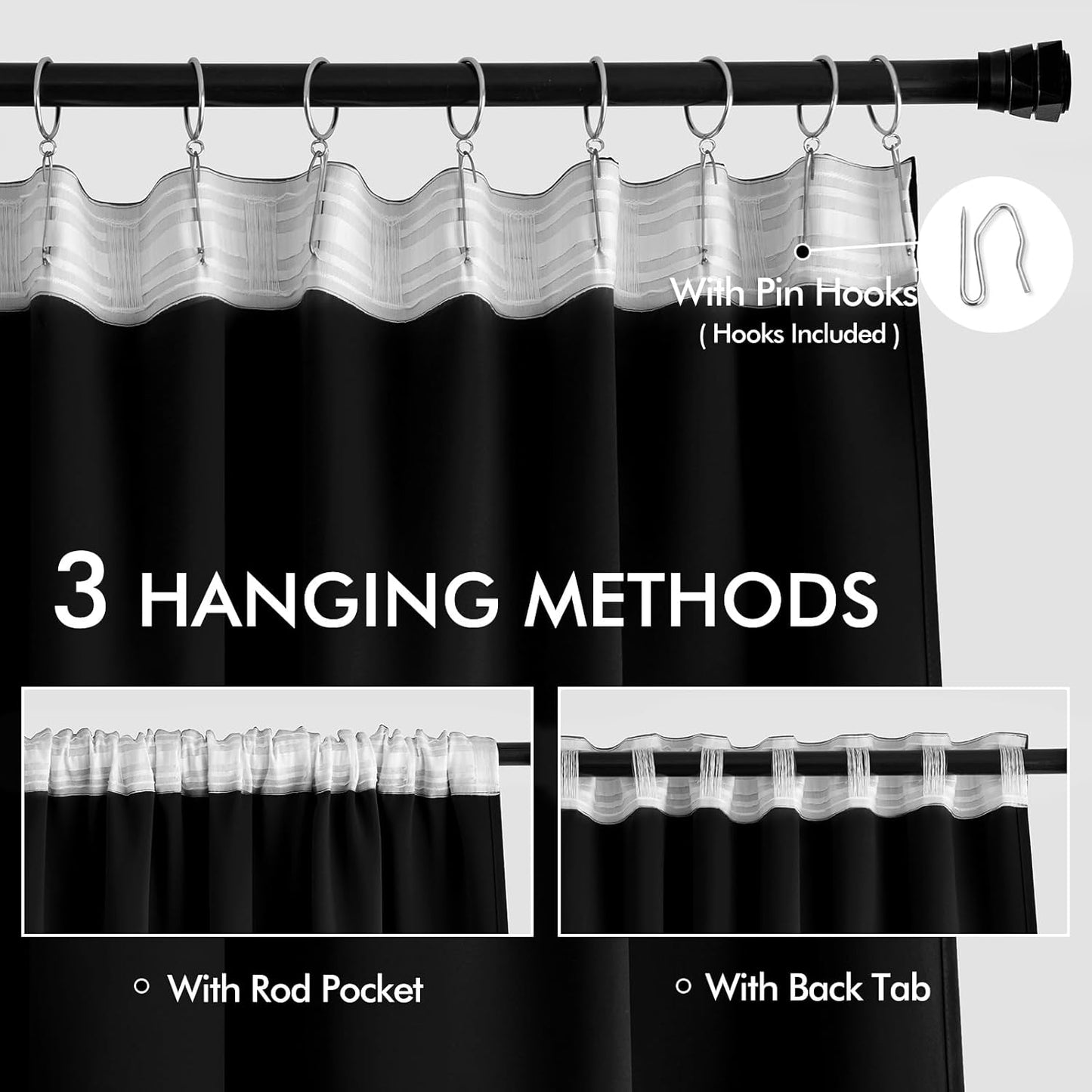 MIULEE Back Tab Blackout Curtains 105 Inch Long 2 Panels Set for Living Room Bedroom, Halloween Black Rod Pocket/Pinch Pleated Thermal Insulated Room Darkening Light Blocking Floor to Ceiling Drapes