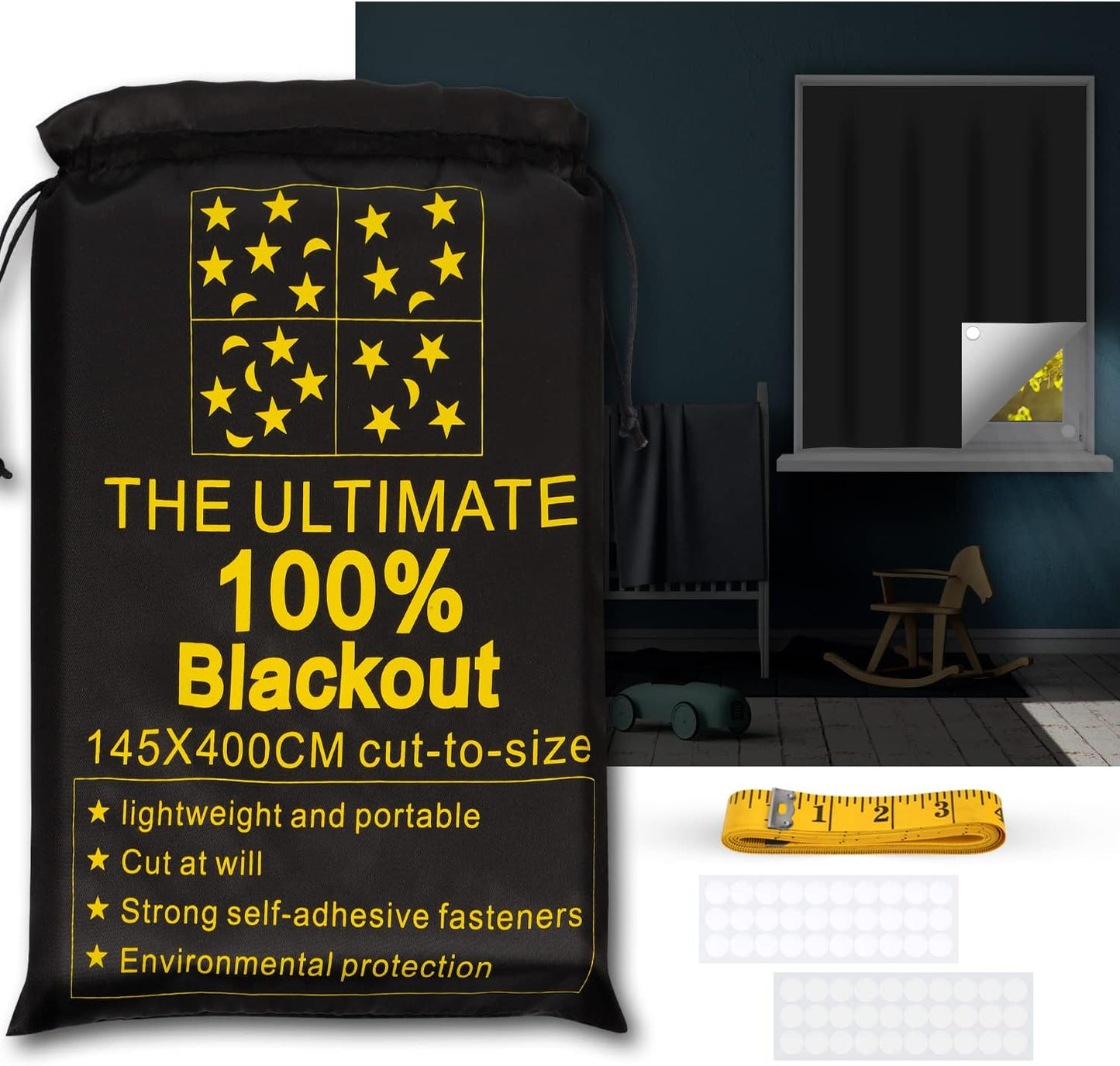 Portable Blackout Shades (157" x 57") Travel Window Blackout Curtains, 100% Blackout Material Temporary Blackout Blinds for Baby Nursery, Bedroom, Dorm Room, or Travel Use