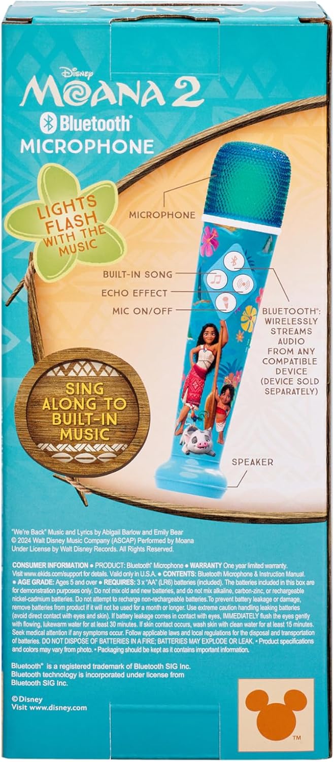 eKids Moana 2 Karaoke Microphone for Kids, Bluetooth Microphone Includes Built-in Music and Light Show, Designed for Fans of Moana Toys