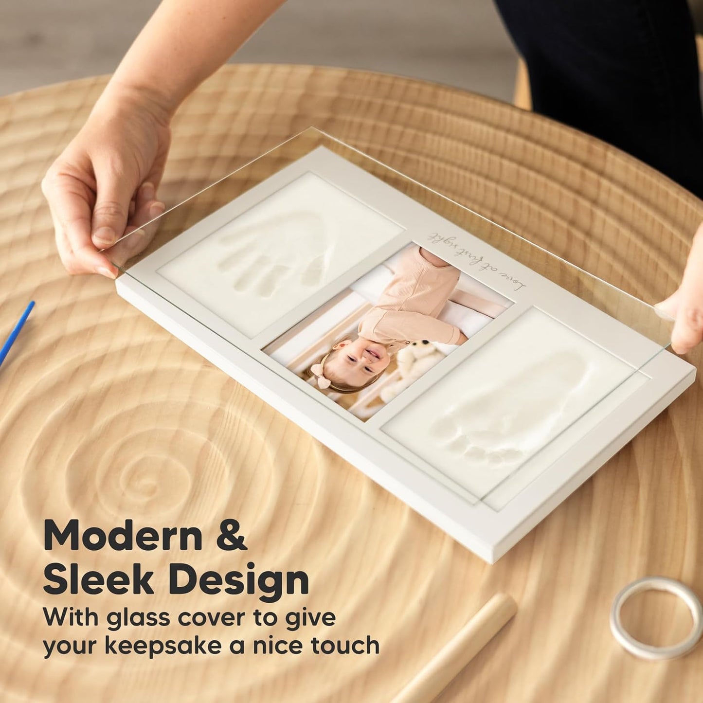 Baby Hand and Footprint Kit - Clay Handprint Keepsake Frame, Newborn Nursery Picture Frame, Personalized New Mom Gifts for Baby Shower & Registry (Golden Wheat)