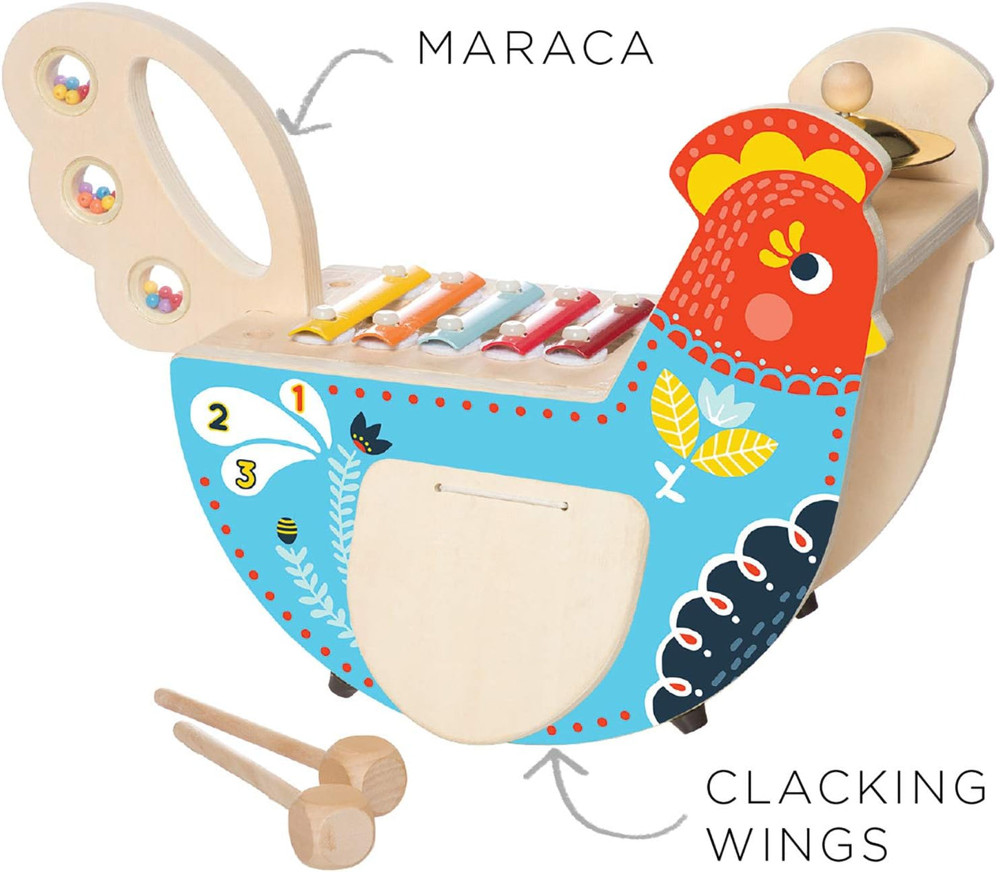 Manhattan Toy Musical Chicken Wooden Instrument for Toddlers with Xylophone, Drumsticks, Cymbal and Maraca,Blue
