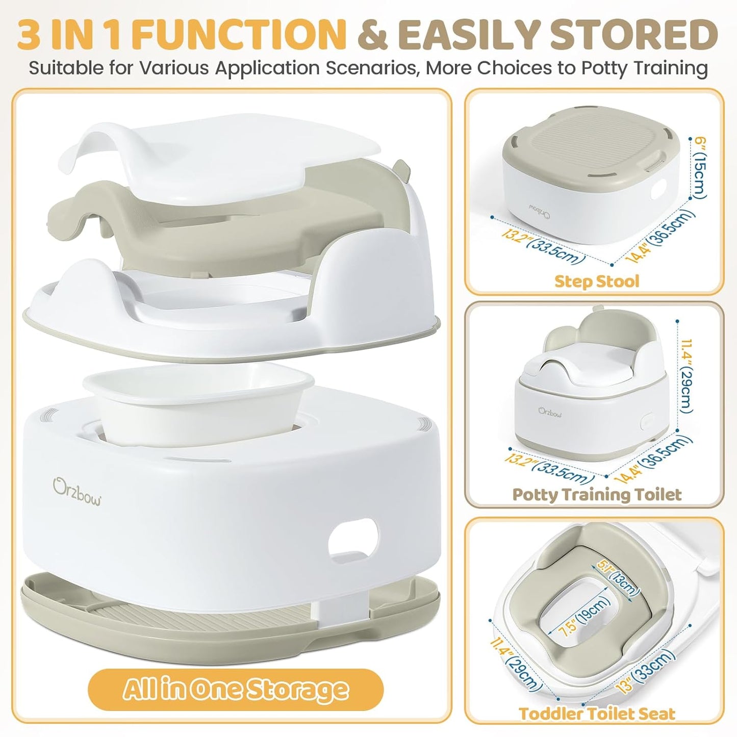 Orzbow 3-in-1 Potty Training Toilet, Detachable Baby Potty, As Toddler Toilet Seat, Chair, Step Stool for Boys & Girls 18+ Months, Potty Training Seat with Splash Guard, Lid, Easy Clean, Brown