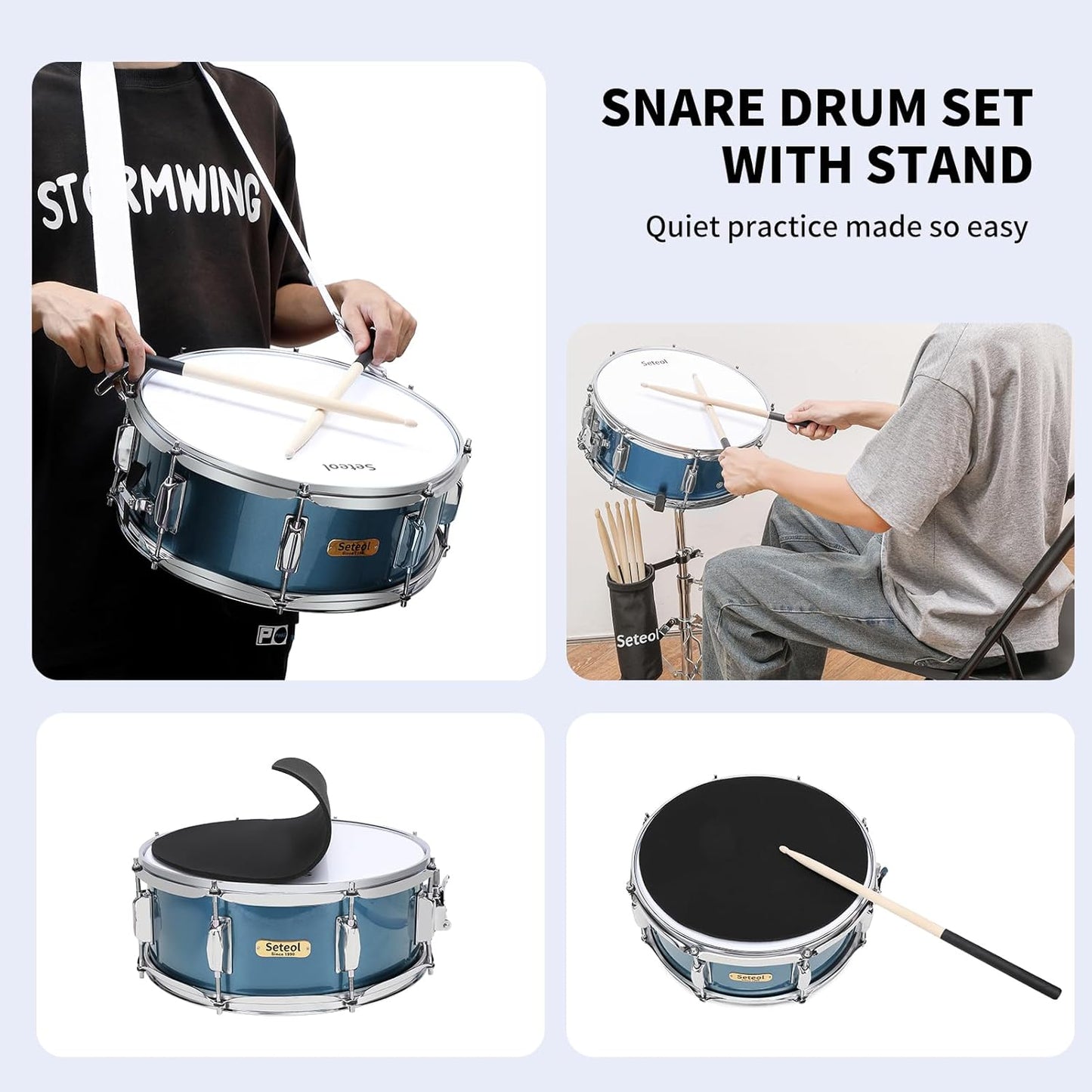 Snare Drum Kit, 14" x 5.5" Marching Snare Drum + Storage Padded Bag + Silent Mute Pad + A Pair Of 5A Drumsticks + Drums Key, Portable Drums Hardware Set for Adults Kids Student Beginners (Blue)