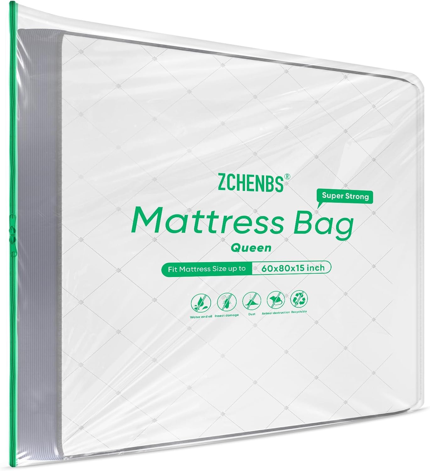 ZCHENBS® – Mattress Bags for Moving and Storage,Mattress Bag with Zippers,5 Mil Ultra-Thick Bed Bag,Waterproof,Anti-Tear,Heavy-Duty Mattress bag (Tansparent/Green, Green-Queen-(2 Pack))