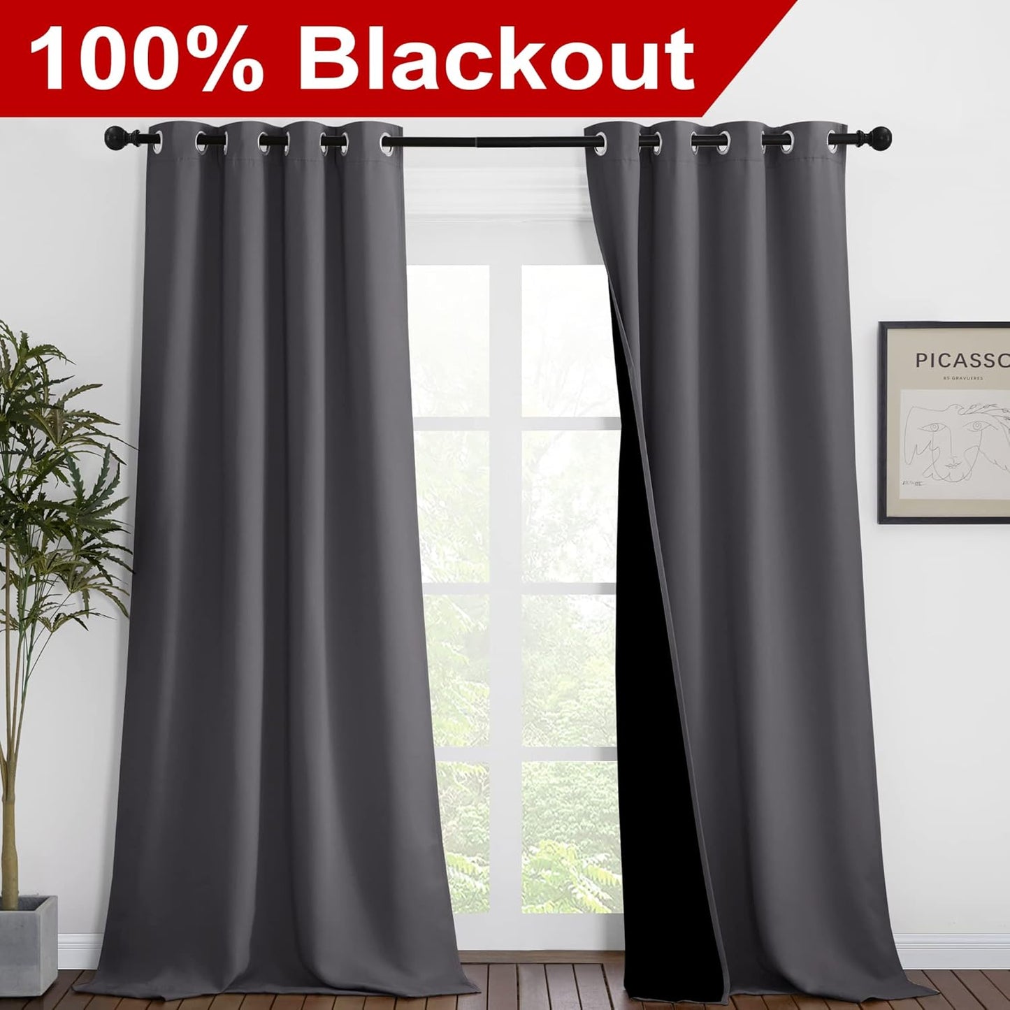 NICETOWN Grey Full Shade Curtain Panels, Pair of Thermal Insulated & Energy Efficiency Blackout Curtains for Living Room Windows, Lined Silky Performance Window Dressing (46" Wide x 90" Long, Gray)