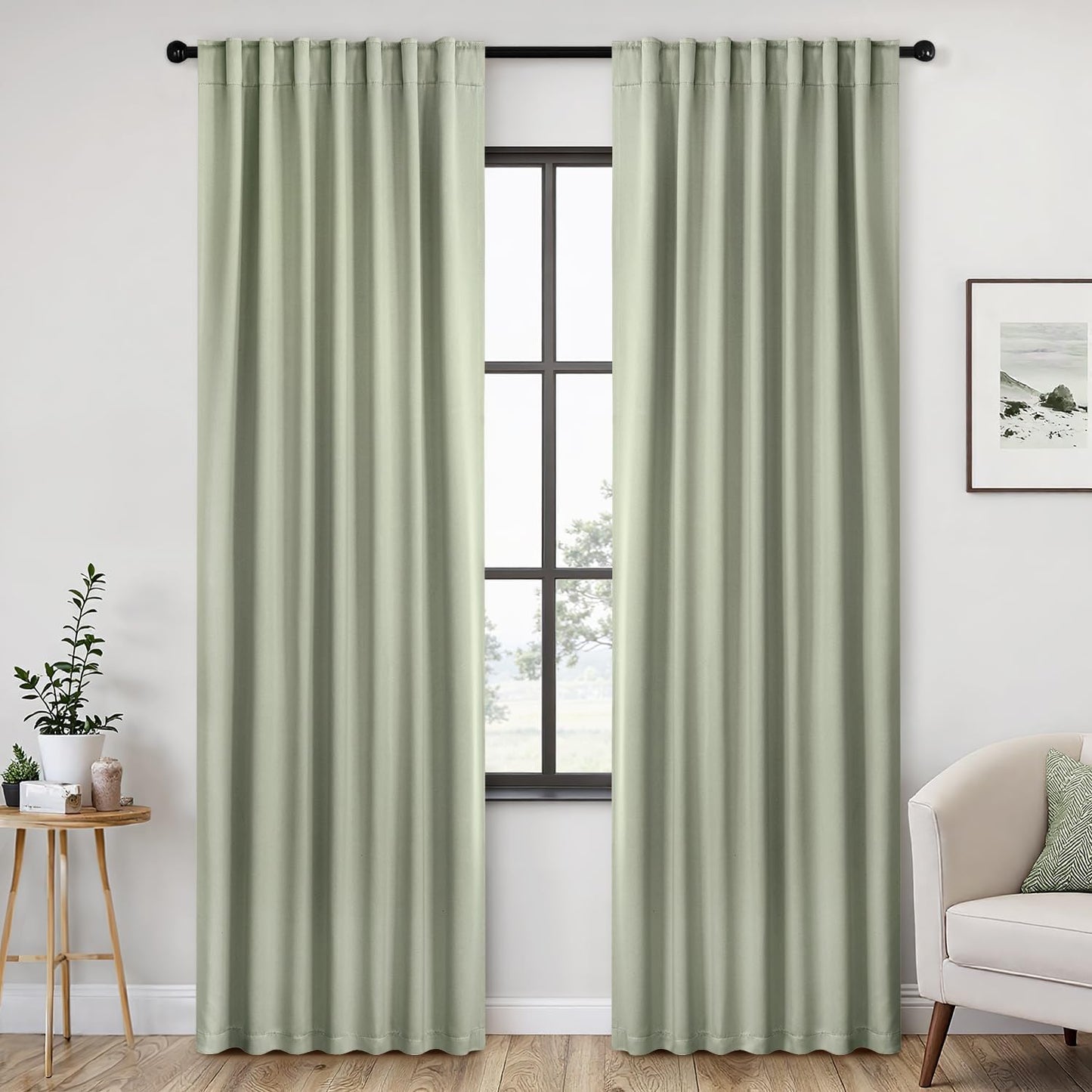 ANRODUO Back Tab Blackout Curtains for Bedroom Living Room, Rod Pocket Pinch Pleated Thermal Insulated Room Darkening Curtains 92 Inches Long 2 Panels, Sage Green, 42 x 92 Inch