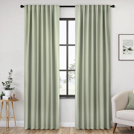 ANRODUO Back Tab Blackout Curtains for Bedroom Living Room, Rod Pocket Pinch Pleated Thermal Insulated Room Darkening Curtains 92 Inches Long 2 Panels, Sage Green, 42 x 92 Inch