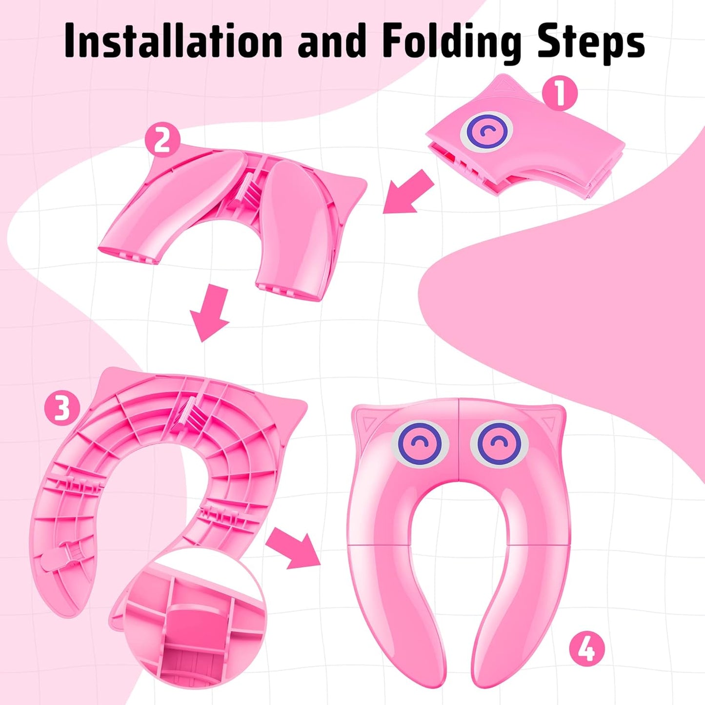 Portable Potty Seat for Toddler Travel - Foldable Non-Slip Potty Training Toilet Seat Cover for Girls, Baby Kids with Drawstring Bag (Pink Owl)