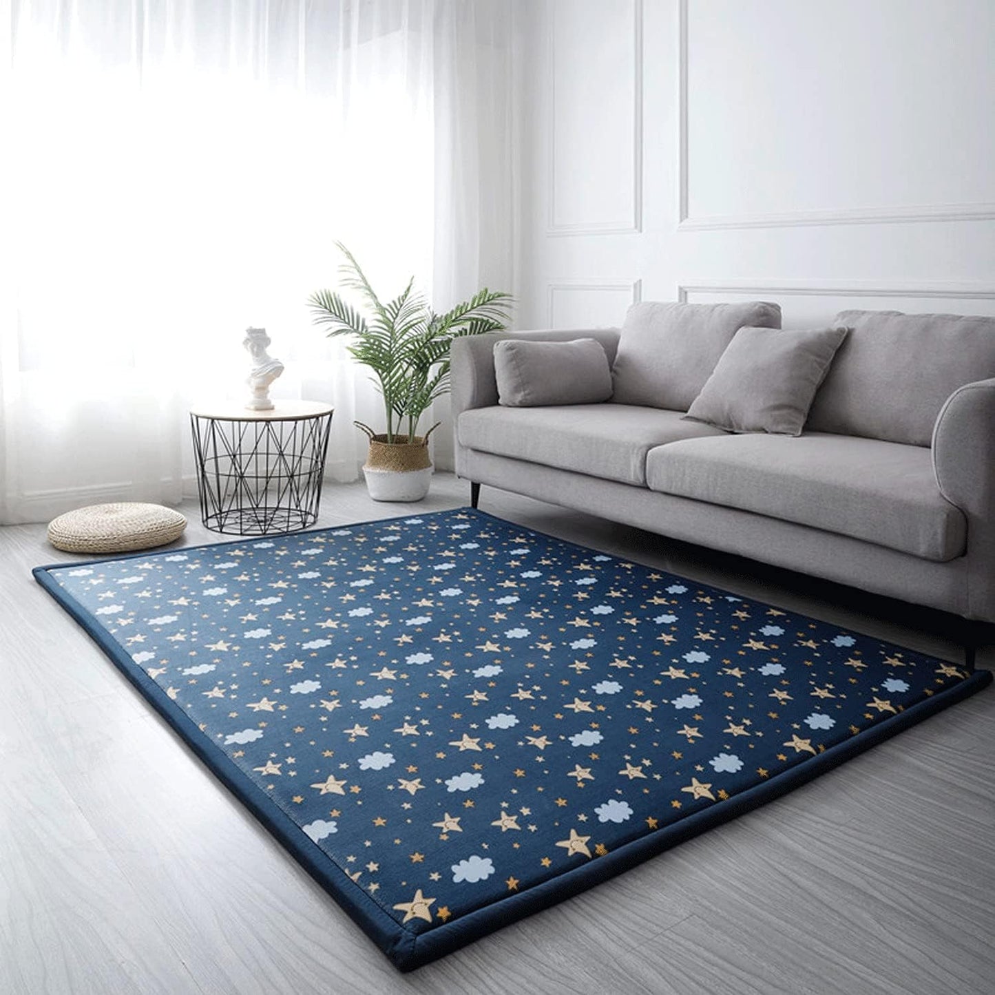 Loartee Coral Velvet Area Rug - 1" Thick Memory Foam Baby Play Mat, Washable Toddler Carpet, Home Decor for Living Room, Nursery, Kids Bedroom, Starry Blue, 6'7"x6'7"