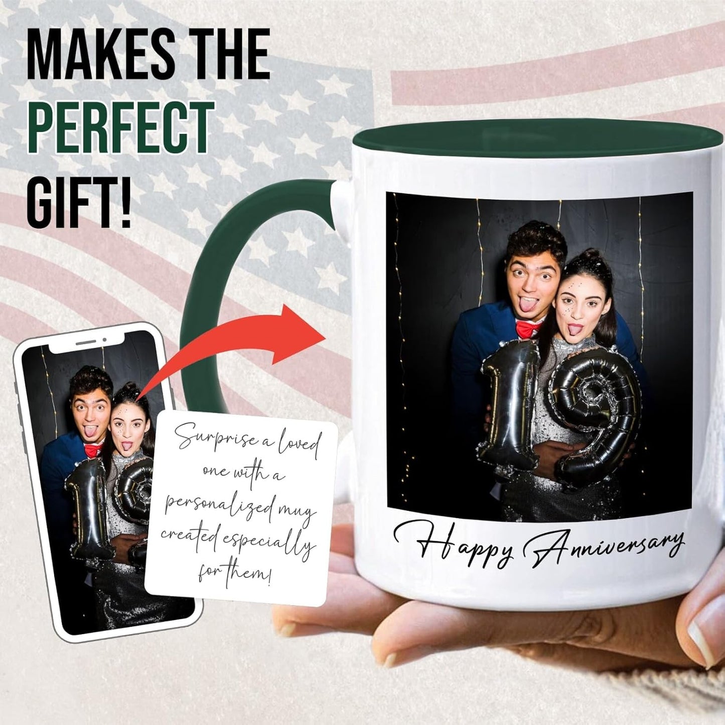 Ship Next Day Custom Mug Design Your Own Photo Text Personalized Picture Gifts for Women Men Customized Gifts Idea Personalized Coffee Mugs 15oz Dark Green Handle