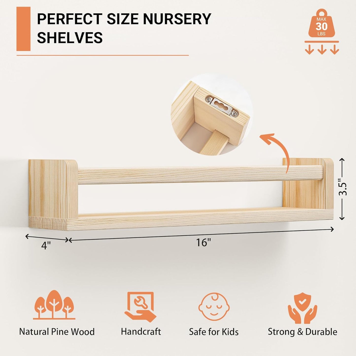 Heimlove Nursery Floating Shelves, Wood Nursery Book Shelves for Wall, 16 inch Wall Bookshelf for Kids Solid Wood Wall Mounted Shelves for Books,Toys and Decor Storage, Set of 2