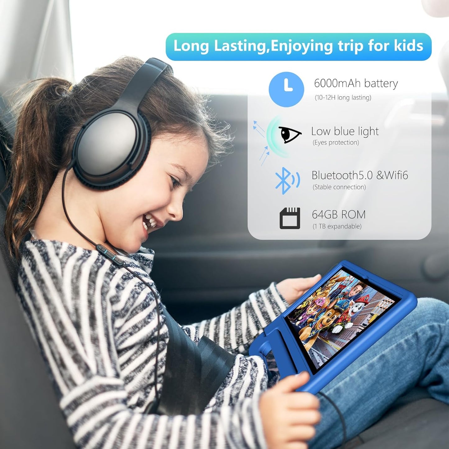 Tablet for Kids Age 3-12 10.1 inch Android 14 6000mAh 8GB RAM+64GB ROM(Expandable to 1TB Kids Tablet WiFi6 Google Kids Space Parental Control 1280 * 800 HD Screen