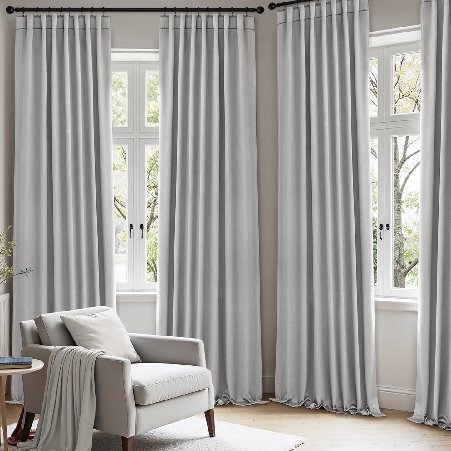 ANRODUO Back Tab Blackout Curtains for Bedroom Living Room, Rod Pocket Pinch Pleated Thermal Insulated Room Darkening Curtains 96 Inches Long 2 Panels, Light Grey, 42 x 96 Inch