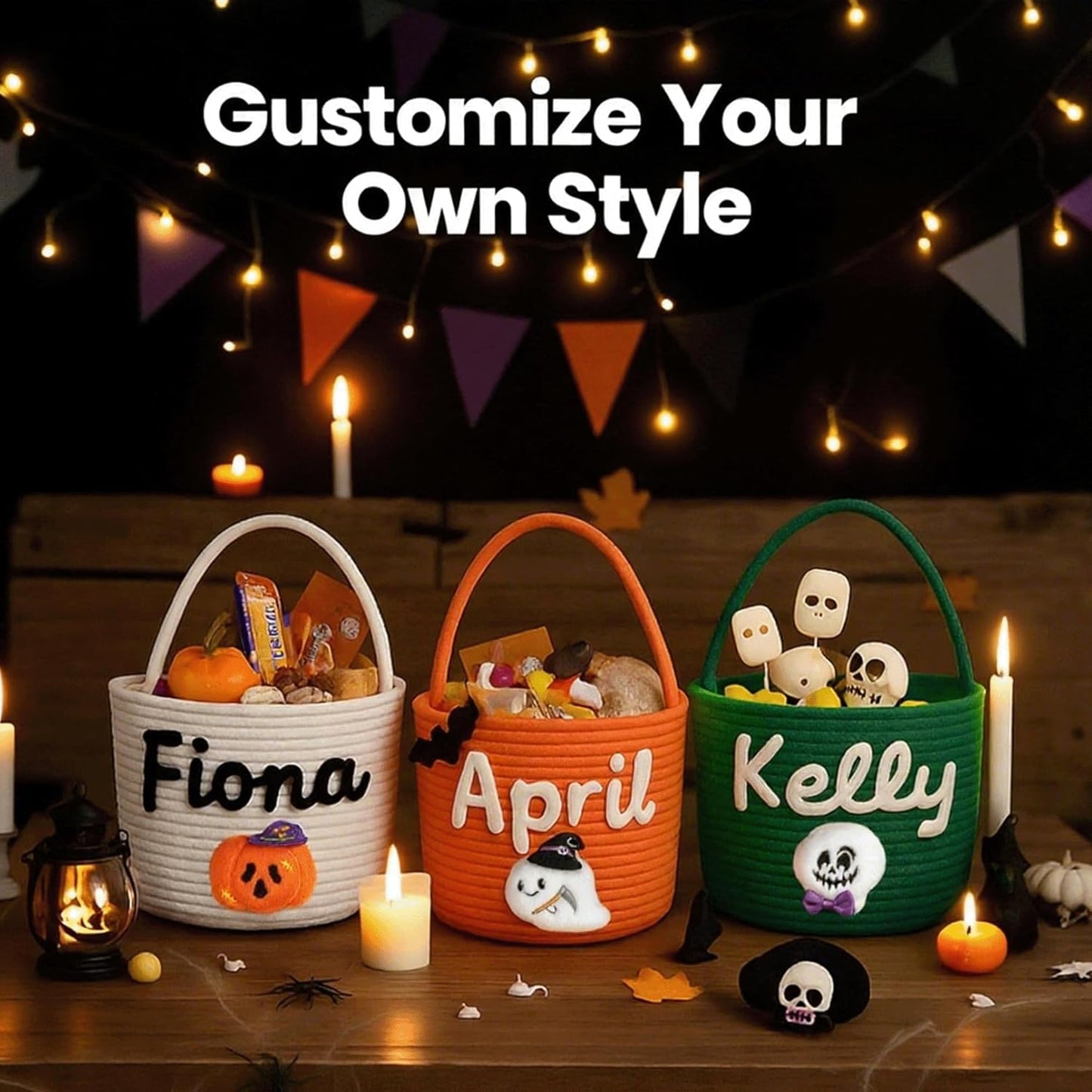 Custom Halloween Candy Basket with Name – Personalized Trick or Treat Bag for Kids, Woven Pumpkin or Ghost Bucket, Cute Halloween Tote for Boys & Girls
