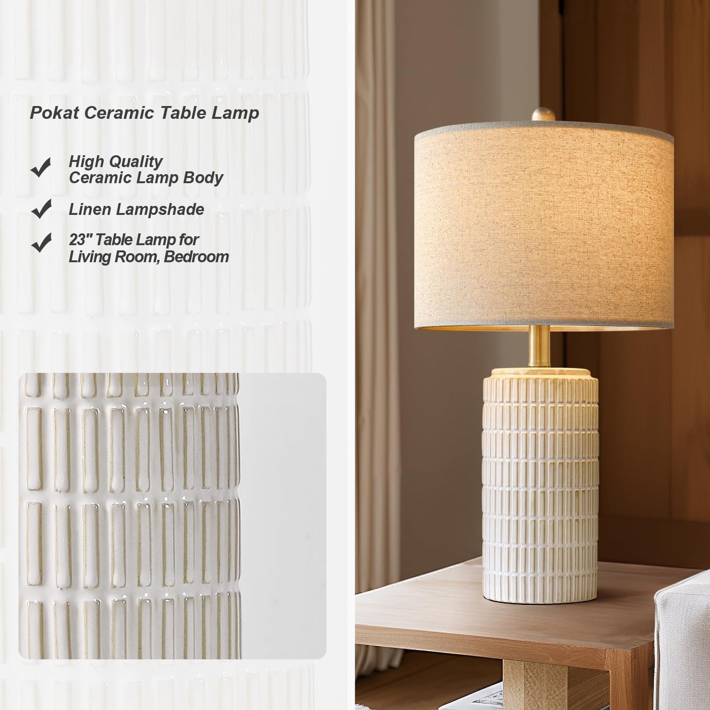 PoKat 23'' Bedside Table Lamp for Bedroom Nightstands, Ceramic Lamp for Living Room, White Night Stand Light with Round Linen Shade, Modern, Silver