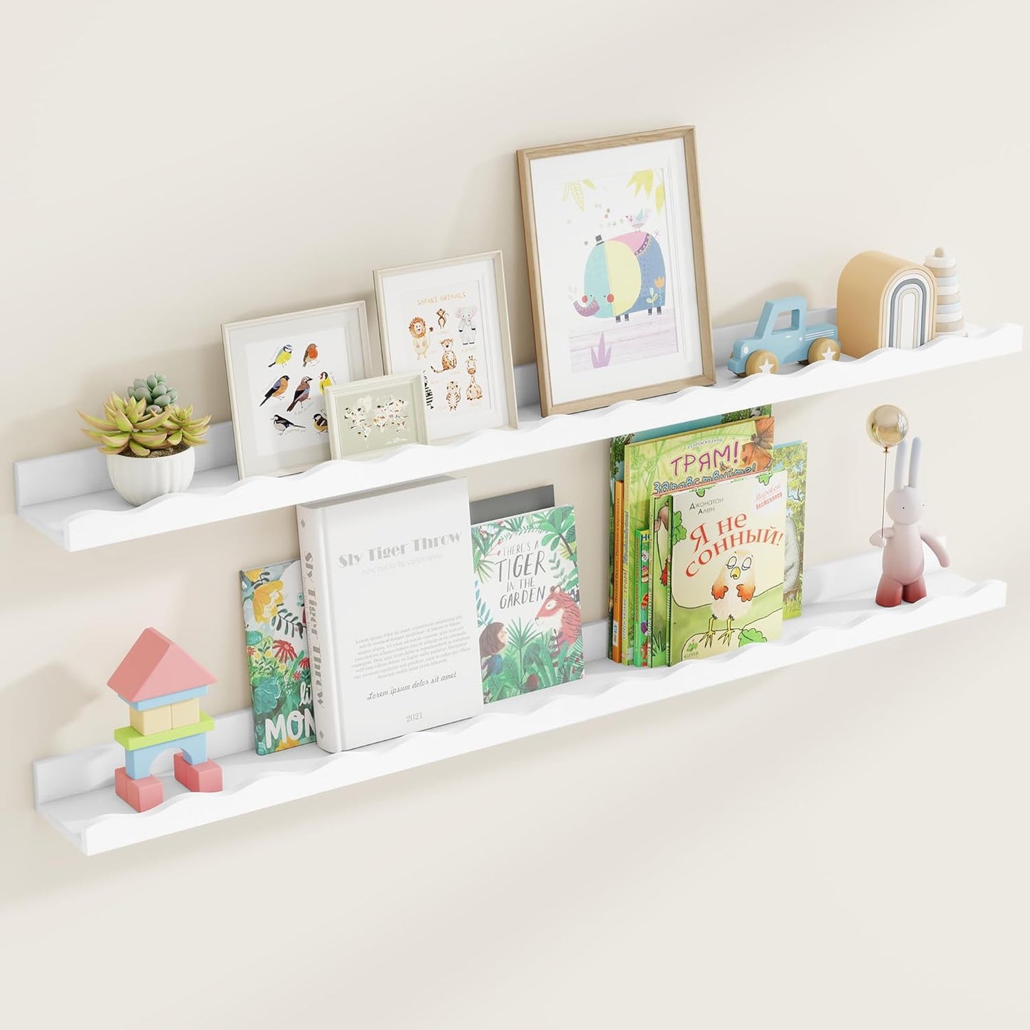 Fun Memories Picture Ledge Shelf for Wall, 48 inch Pine Wood Nursery Book Shelves Set of 2- Wall Book Shelves for Kids Room, Home Decor - Kitchen Spice-White