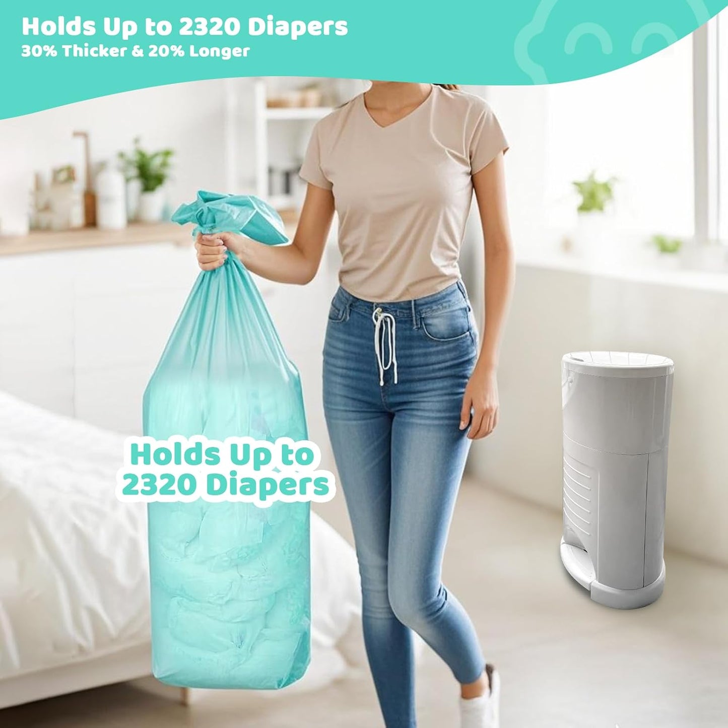 [4 Pack] Newnice Diaper Pail Refill Bags for Dekor Plus Diaper Pail, 30% Extral Thicker Diaper Genie Refills, Continuous Liners for Baby & Adult Diapers, Nursery Trash Solution