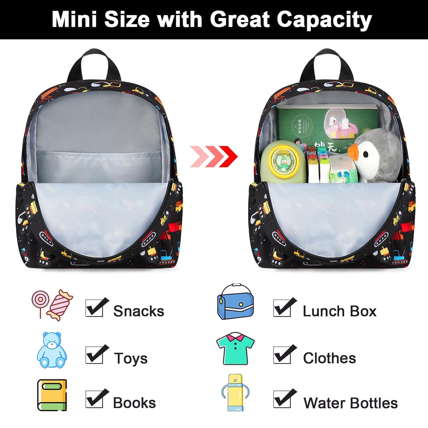 Accmor Toddler Backpack Harness with Leash, Cute Baby Backpacks with Anti Lost Wrist Link, Mini Kids Backpack Tether Walking Harness for Travel Outdoor, Black Excavator Backpack Tether for Boys Girls