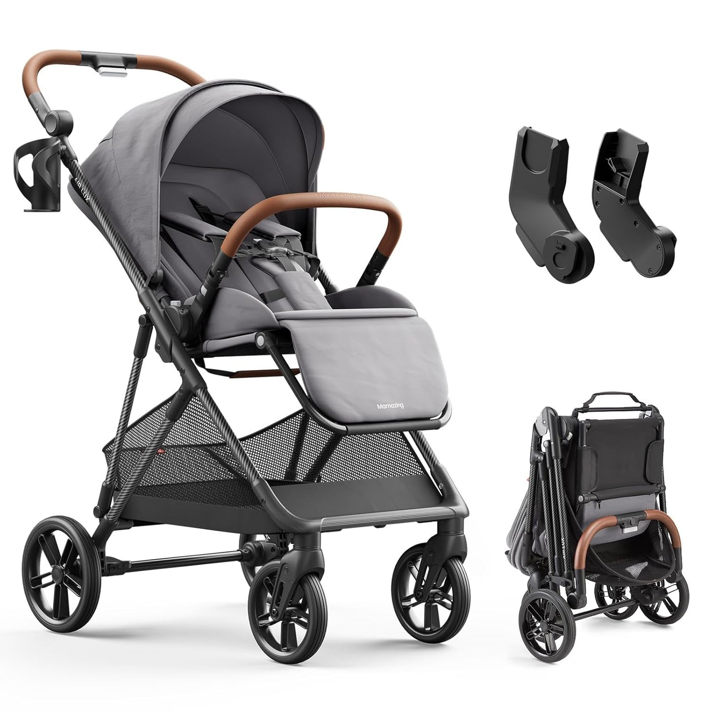 Air Lux Baby Stroller with Carbon Fiber Frame, One-Hand Fold & Reversible Seat, Magnetic 5-Pt Harness, Car Seat Adapter, 15.8lbs, Cinder