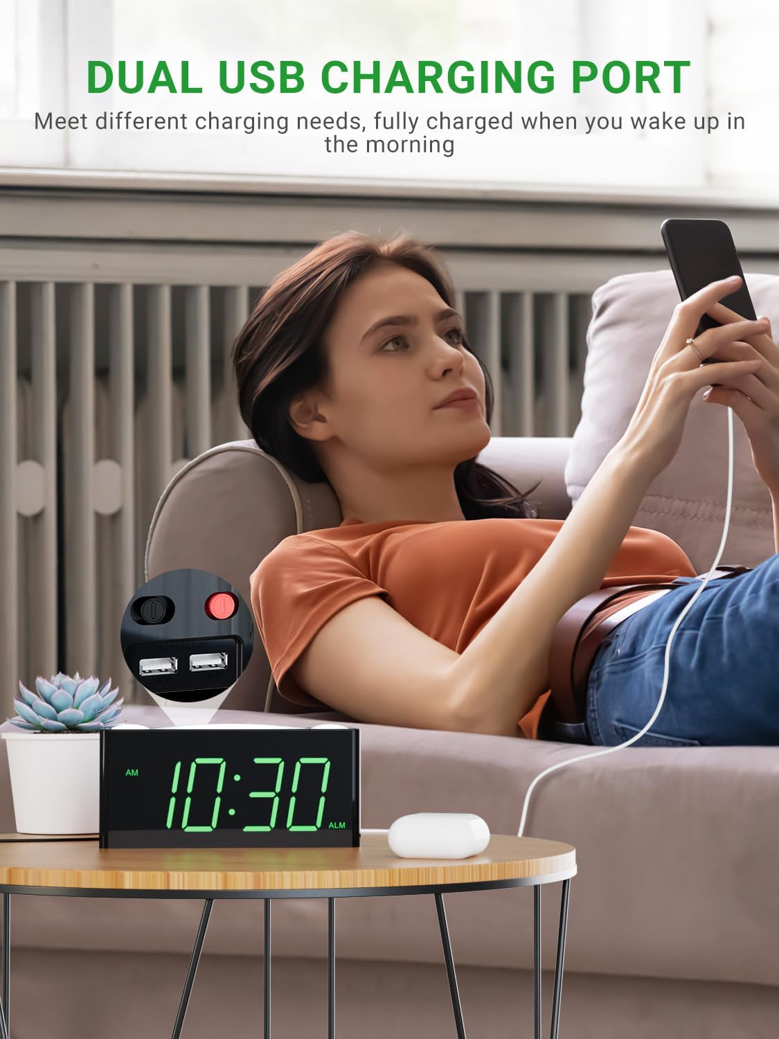 Alarm Clock for Bedroom, 7.5" Large Display LED Digital Clock with 7 Color Night Light,USB Phone Charger,Dimmer,Battery Backup,Easy to Set Loud Bedside Clock for Heavy Sleepers Adult Teen Kid Boy Girl