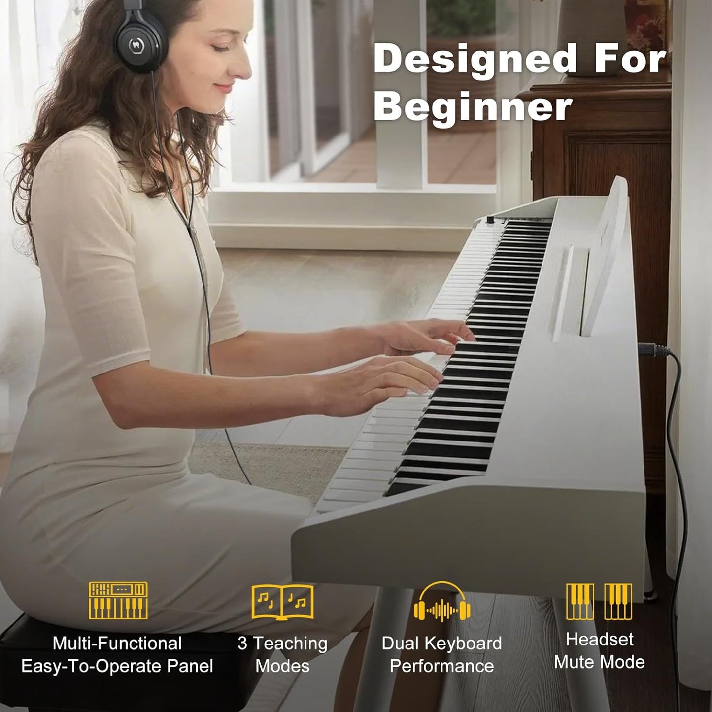 MUSTAR 88 Key Piano Keyboard with Piano Bench, Digital Piano 88 Semi Weighted Keys, Portable Electric Piano with Storage Stool, 3 Pedals, Built-In Speakers, USB/MIDI, White