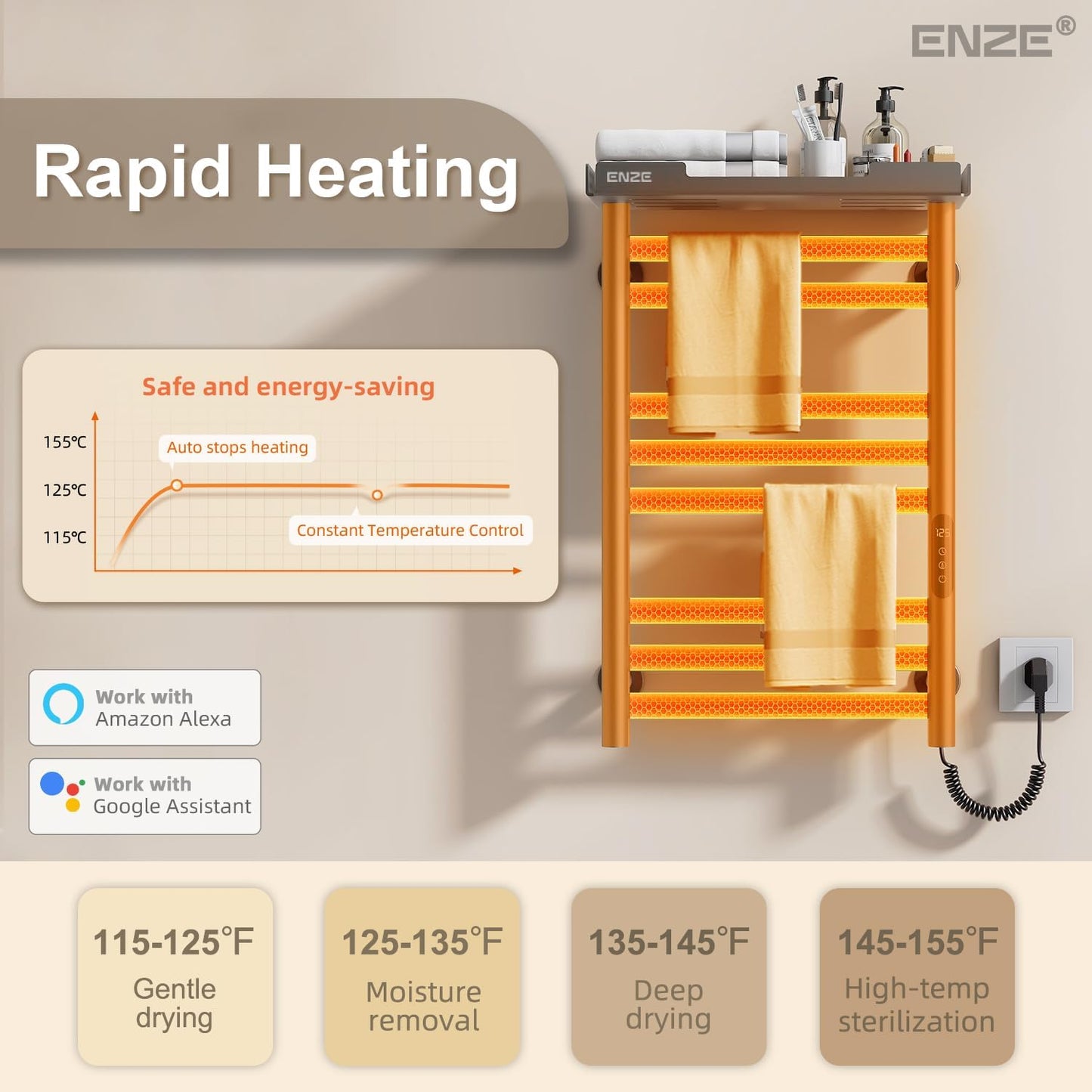 ENZE Heated Towel Rack with Shelf and Wi-Fi App Control, 8 Bars Electric Wall Mounted Towel Warmer with Timer & Adjustable Temperature, Low Carbon Steel, Plug-in/Hardwired, Gray