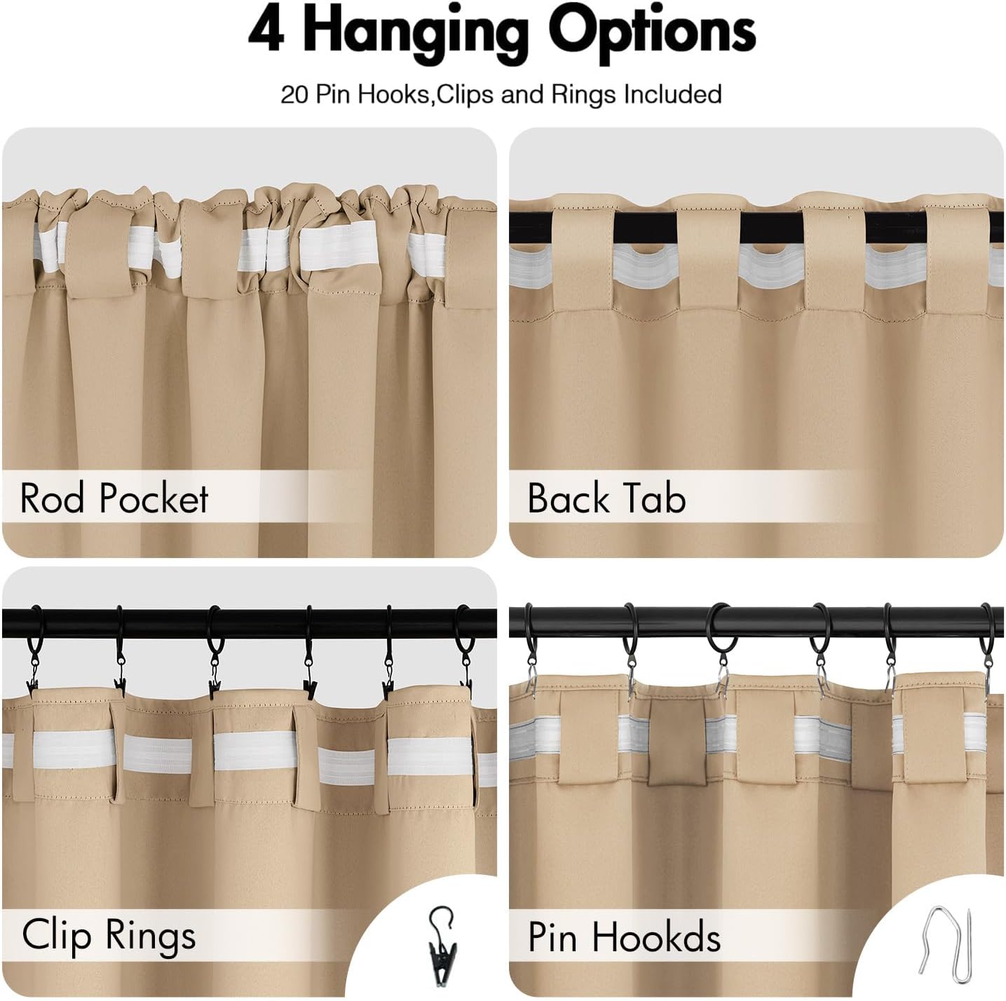 ANRODUO Back Tab Blackout Curtains for Bedroom Living Room, Rod Pocket Pinch Pleated Thermal Insulated Room Darkening Curtains 90 Inches Long 2 Panels, Beige, 42 x 90 Inch