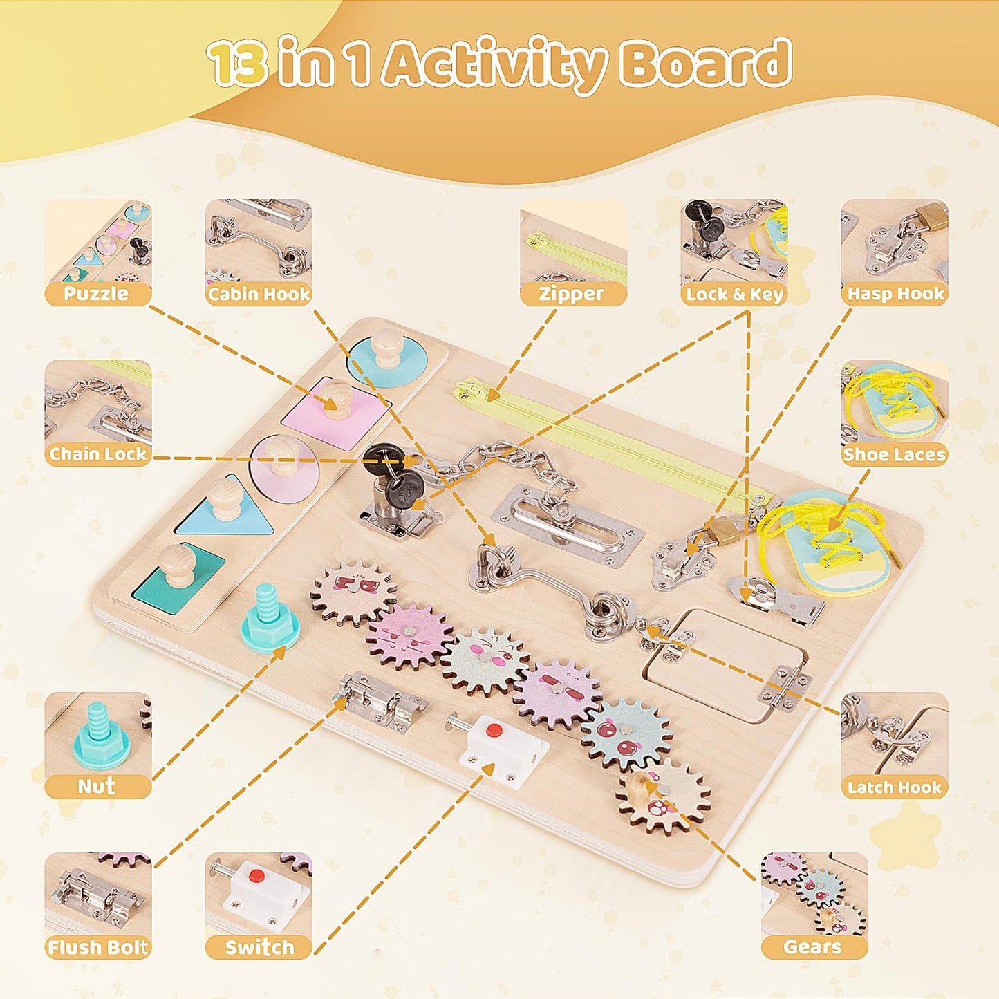 Toddler Wooden Busy Board, Montessori Activity Pad for Kids, Sensory Fidget Board for Children, Preschool Educational Activities Pad Toy.