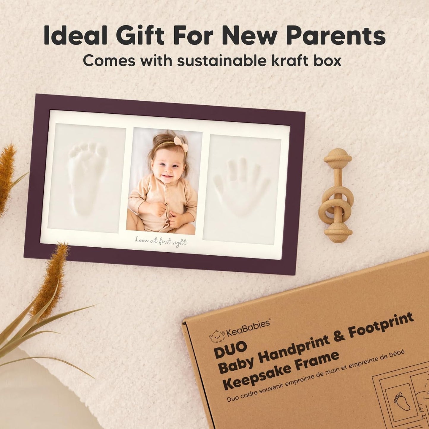 Baby Hand and Footprint Kit - Clay Handprint Keepsake Frame, Newborn Nursery Picture Frame, Personalized New Mom Gifts for Baby Shower & Registry (Auburn)