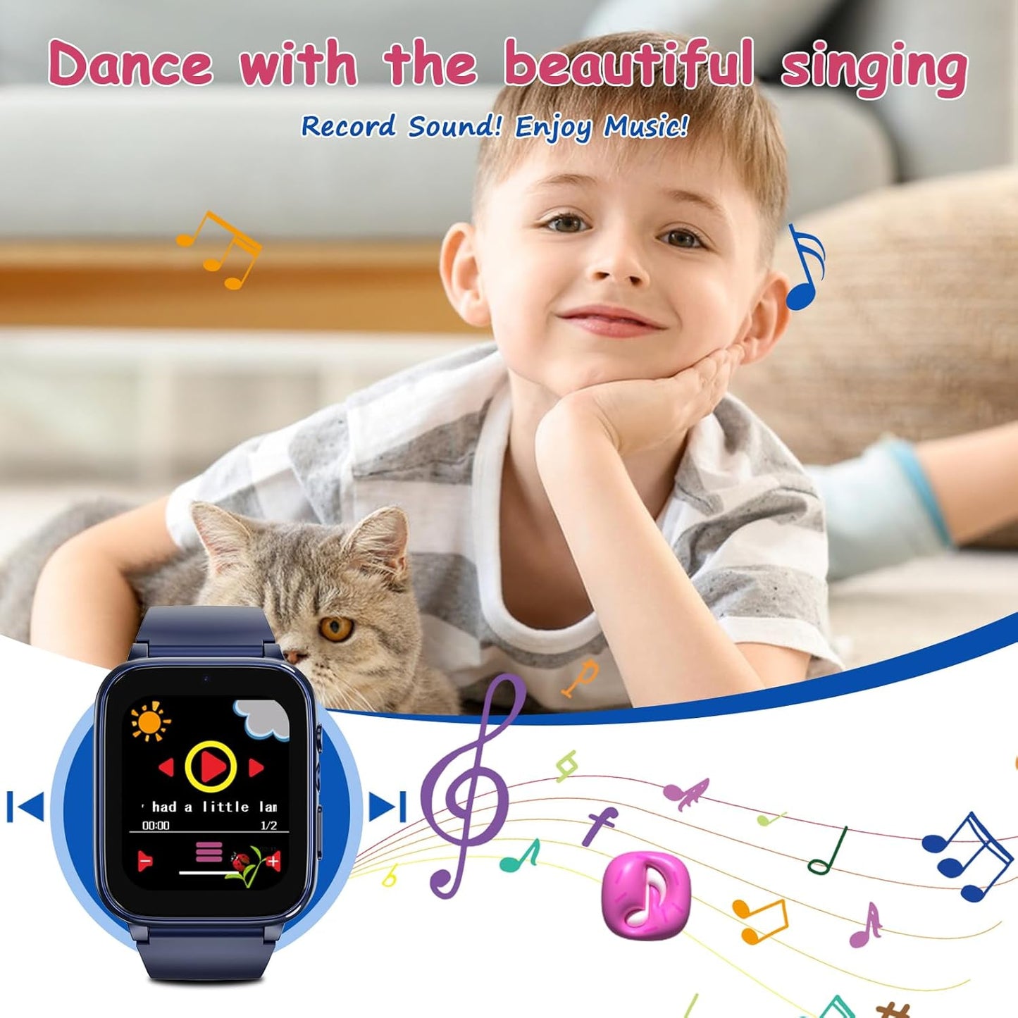 Goodatech 1.69'' Kids Smart Watch 4-12 Years Boys Girls, 26 Puzzle Games,HD Camera,Video Music Player,Pedometer,Flashlight,Alarm Clock,Learn Card,Audio Book,Smartwatch for Children Gifts (Blue)