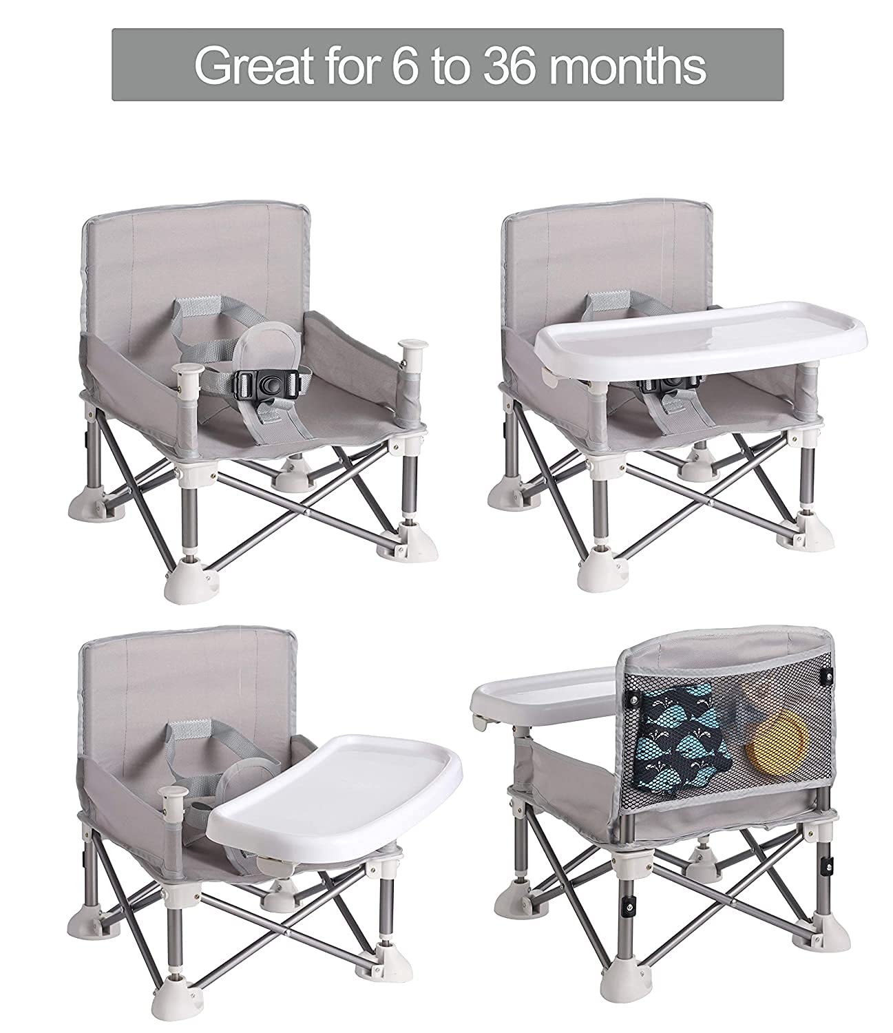 PandaEar Portable Baby Seat Travel| Compact Fold with Straps for Indoor/Outdoor Use| Great for Camping, Beach, Lawn |Toddlers, Kids, Boys, Girls (Grey with Placemat)