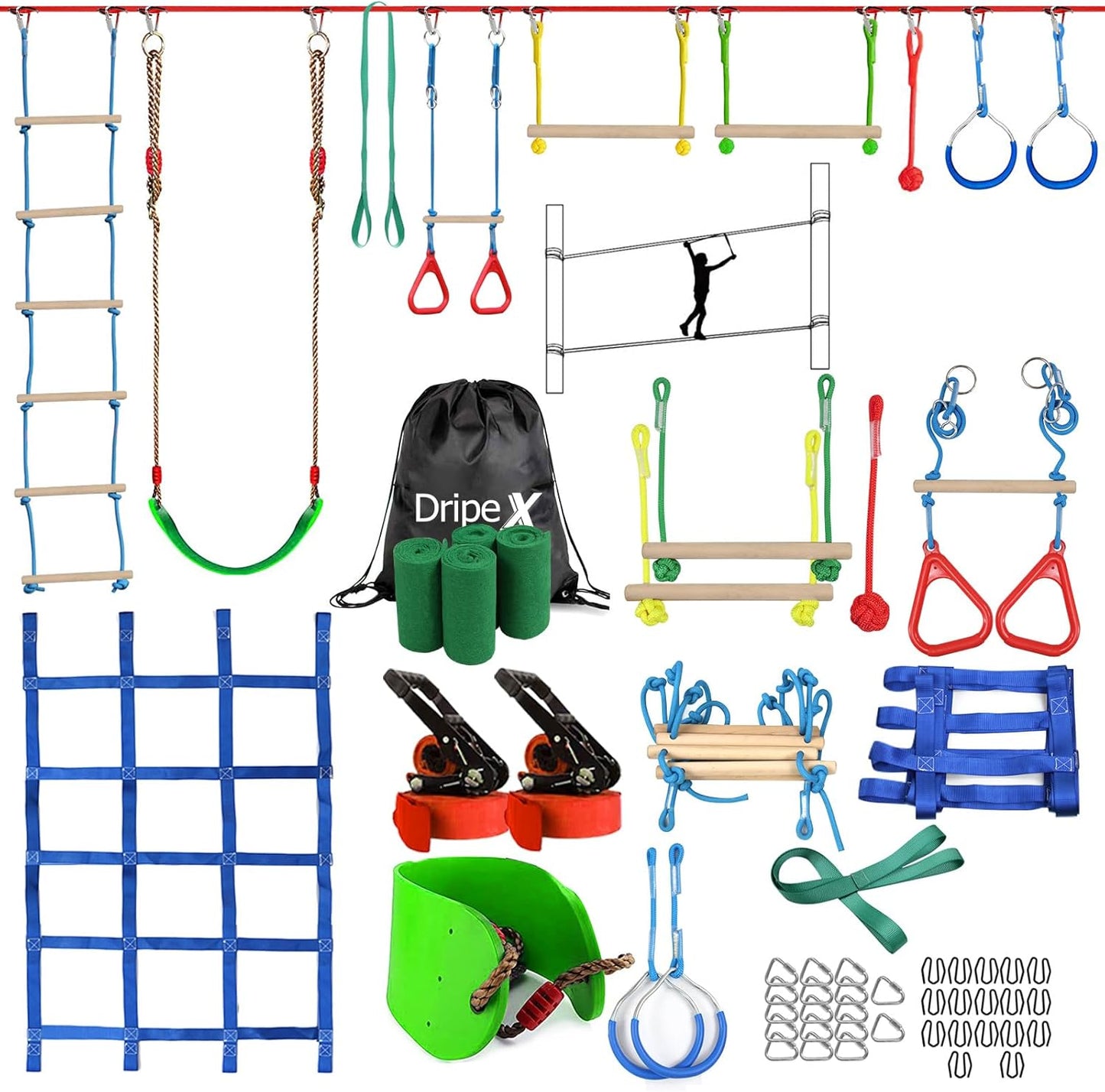 Ninja Warrior Obstacle Course for Kids Backyard - 2×65ft Slackline Kit with 10 Most Complete Accessories for Boys & Girls, Swing, Rope Ladder, Gymnastic Ring, Climbing Net, Arm Trainer and Monkey Fist