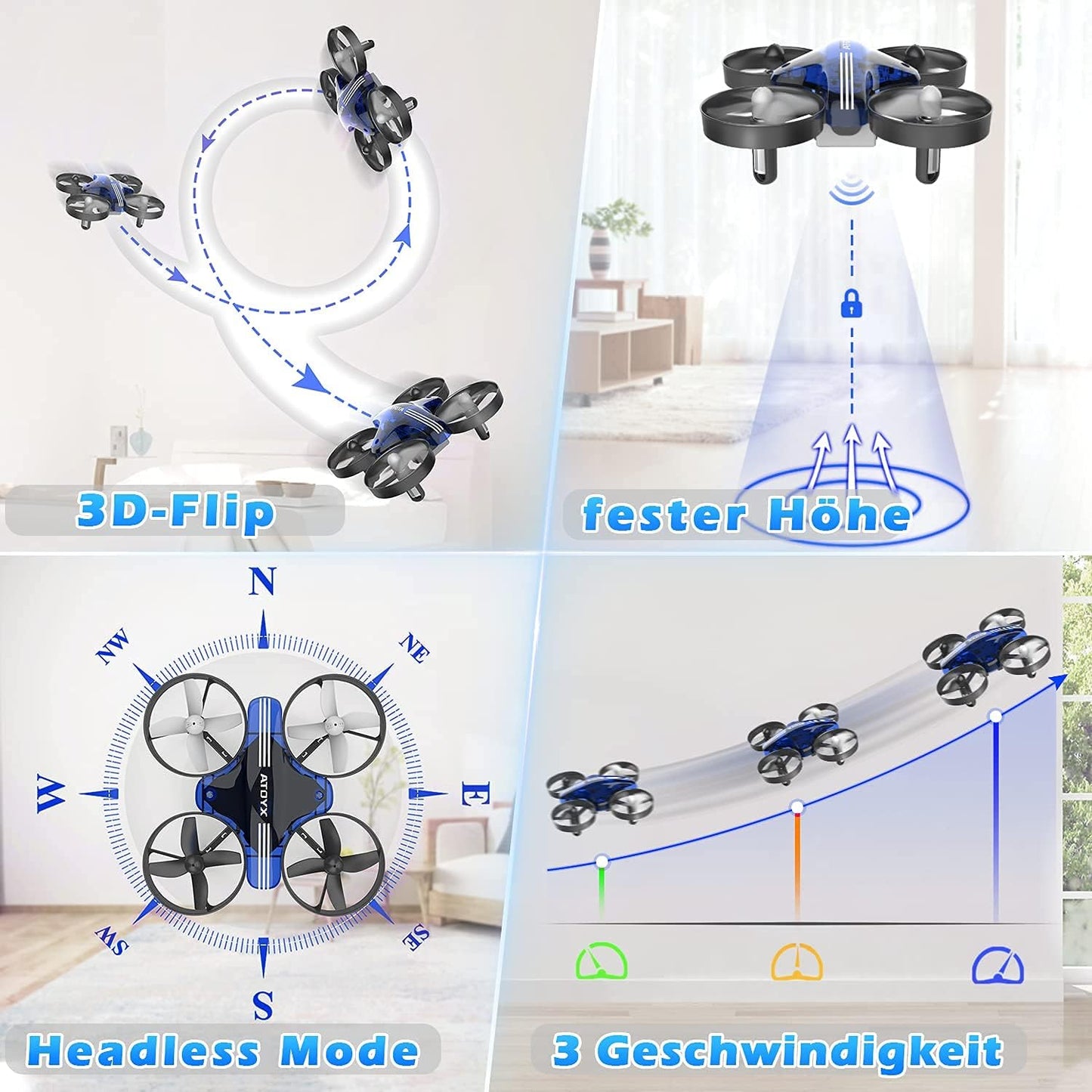 Mini Drone for Kids & Beginners, Indoor Portable Hand Operated/RC Nano Helicopter Quadcopter with Auto Hovering, Headless Mode & Remote Control, Children's Day Gift for Boys and Girls -Blue.4-blade design delivers greater stability and increased thrust.