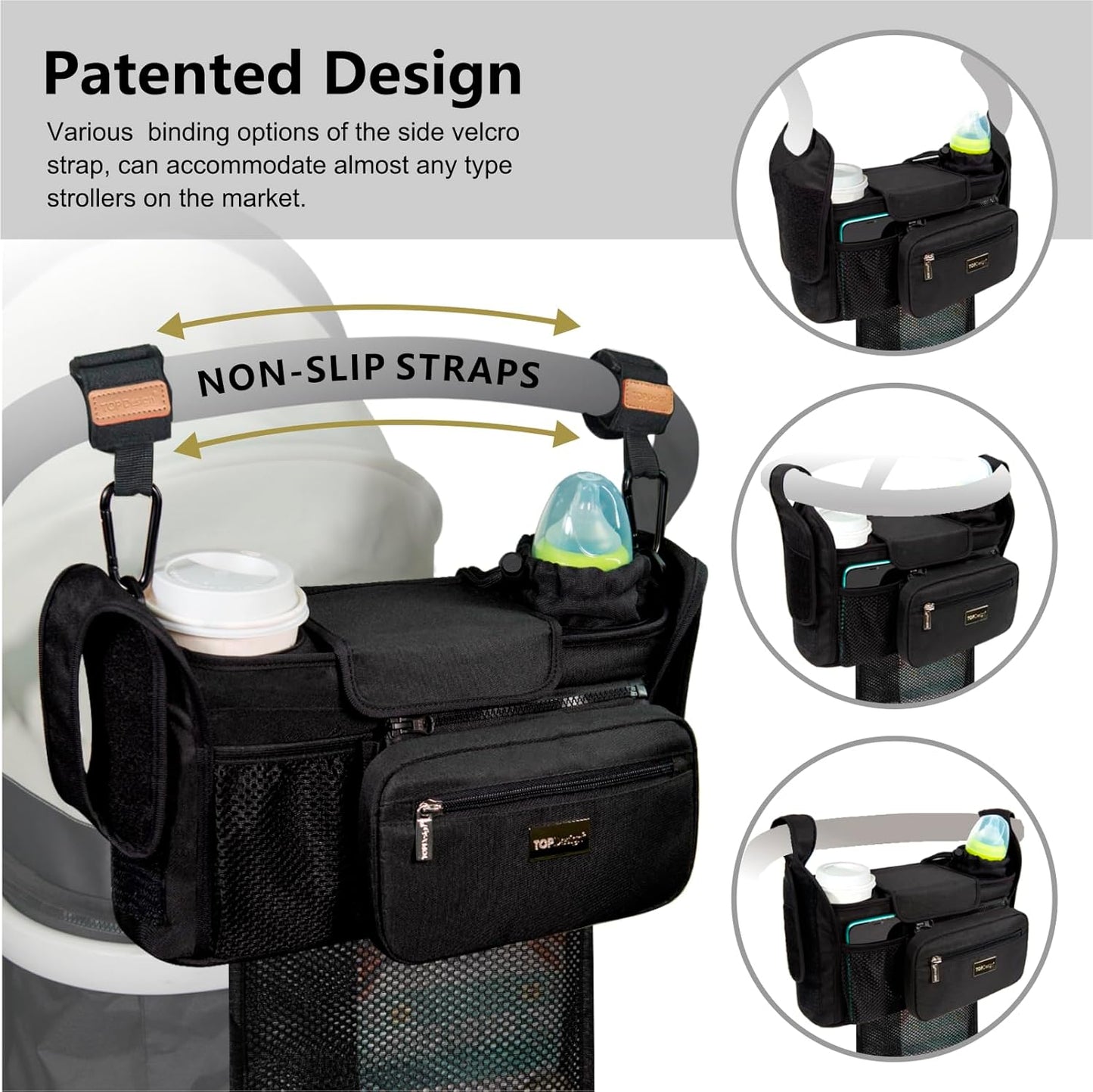 TOPDesign Universal Baby Stroller Organizer, Stroller Caddy with Detachable Mesh Bag & Heightened Insulated Cup Holders & Non-Slip Secure Hooks Accessories, Fits Most Strollers (Pumpkin Princess)
