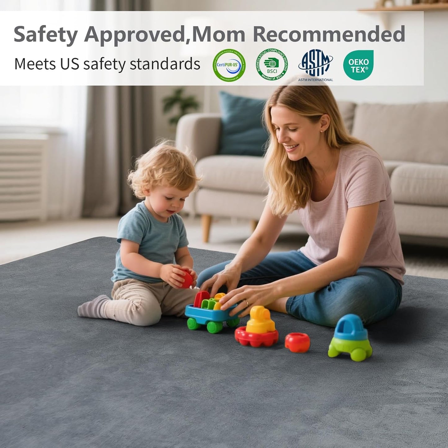 Baby Play Mat for Floor,1.3" Thick Elasti-Foam 50"×74" Playpen Mat for Tummy Time,Water Repellent Soft Coral Velvet for Toddler,Infant,Kids,Non-Slip Backing Safe for Crawling(Dark Grey)