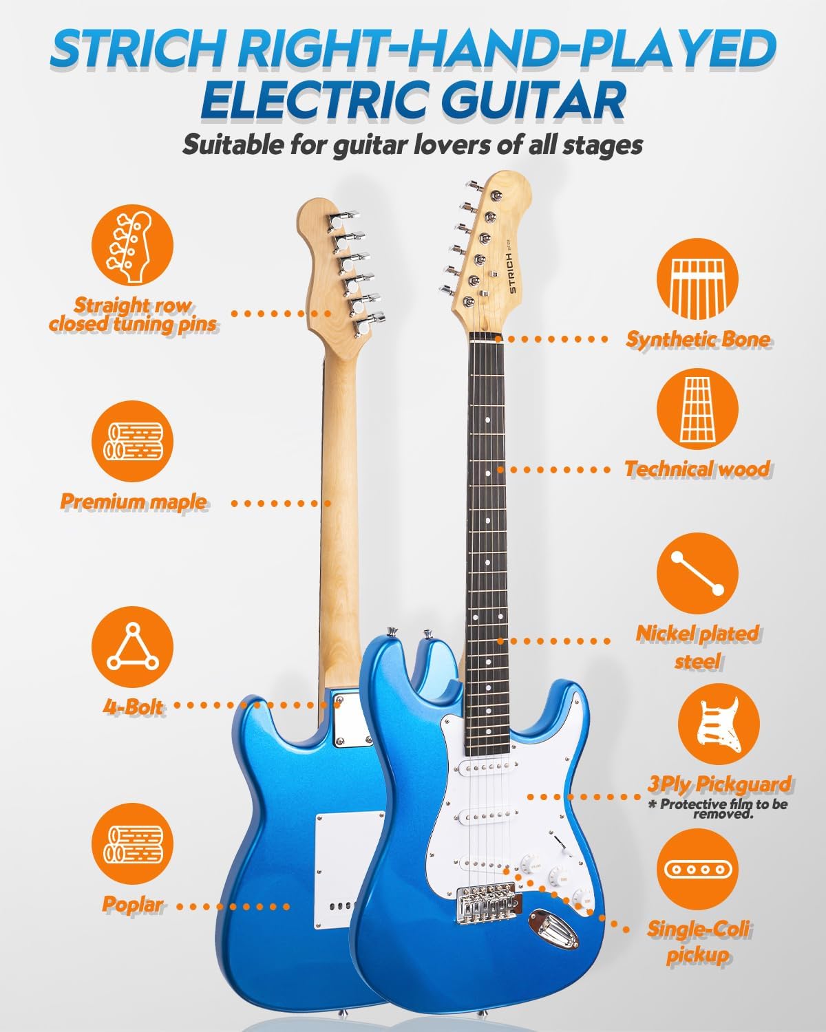 STRICH Electric Guitar Beginner Kit, Solid Body 39" Full Size Electric Guitar HSS Pick Up for Starter, with 10W Amp, Bag, Digital Tuner, Capo, Strap, String,Cable, Picks, SST-S20 Sapphire Blue