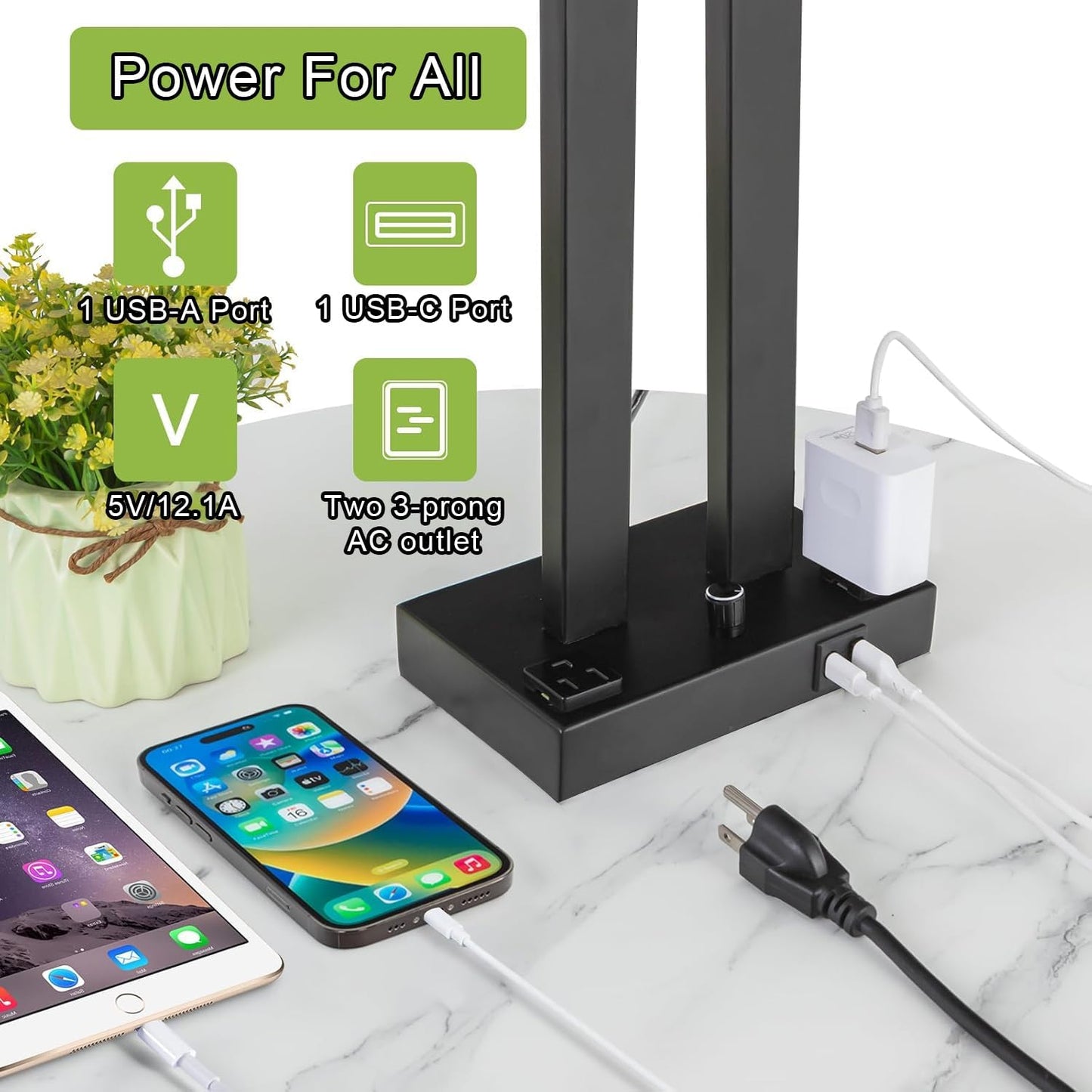 Modern Table Lamps Set of 2-22" Tall Bedside Lamps with USB-C/USB-A Charge Ports & Outlet, Stepless Dimmable Fabric White Shade Nightstand Lamps for Bedroom & Living Room