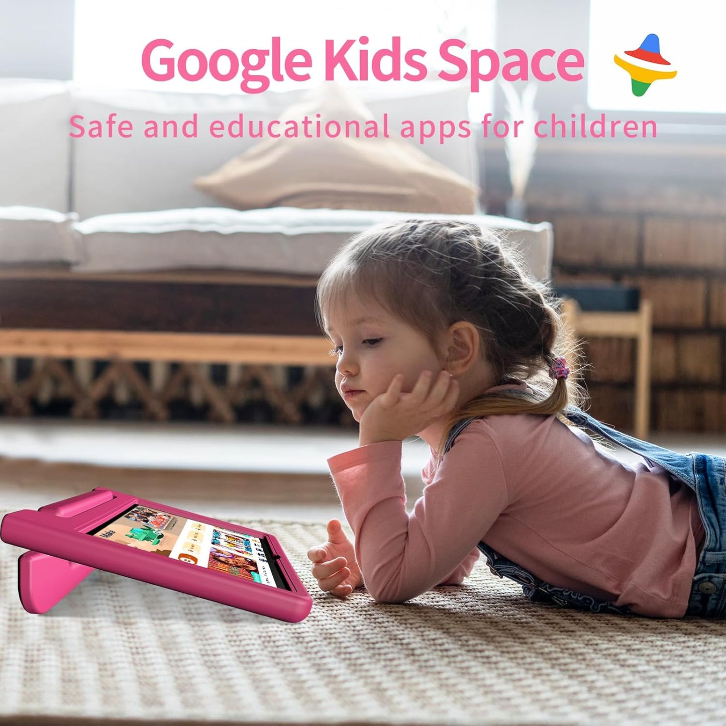 JREN Tablet for Kids｜10.1 Inch Kids Tablet Android 14｜Octa-core｜64GB｜WiFi ｜Bluetooth｜Parental Control｜Children Content｜Children Toddler Pink Girls Gift