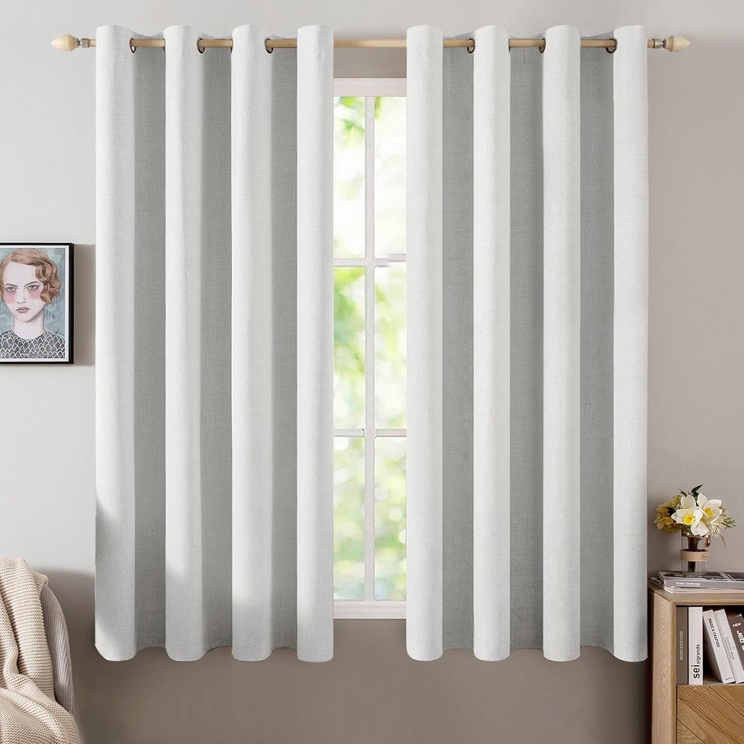 MIULEE Linen Textured Curtains for Bedroom Solid 100% Blackout Thermal Insulated Heathered White Grommet Room Darkening Curtains & Drapes Luxury Decor for Living Room Nursery 52 x 45 Inch (2 Panels)