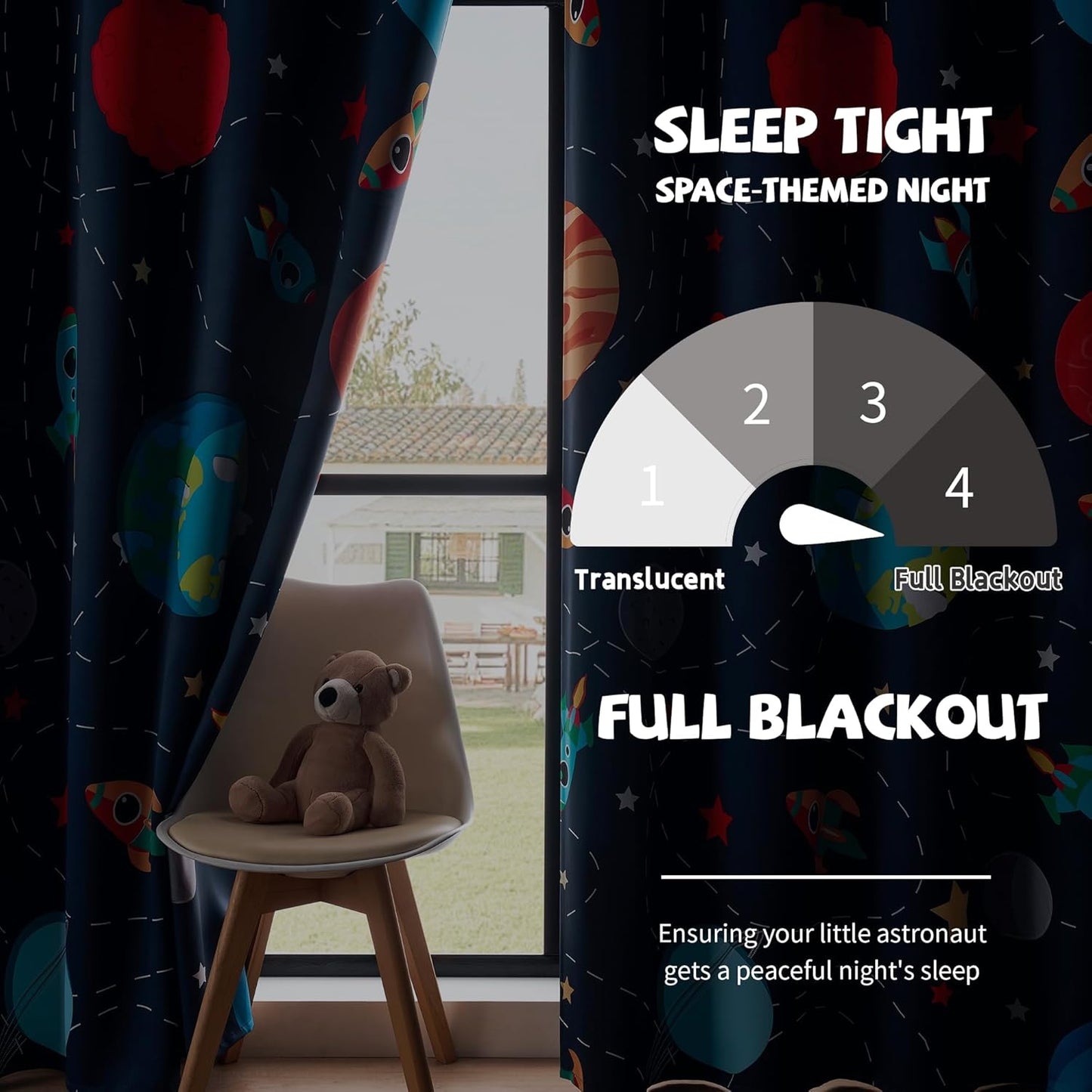 Kids Space Themed Blackout Curtains - 100% Blackout, Perfect for Bedroom and Nursery with Vibrant Cosmos Patterns, Noise Reduction, Thermal Insulated, 2 Panels (Space, W42×L63)