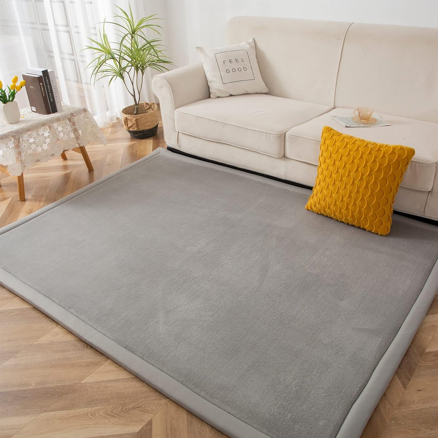 MAXYOYO Grey Coral Velvet Area Rug, Thick Japanese Tatami Mat Living Room Carpet with Non-Slip Backing, Large Solid Color Mat for Bedroom Dormitory Yoga, 78 by 158 inch