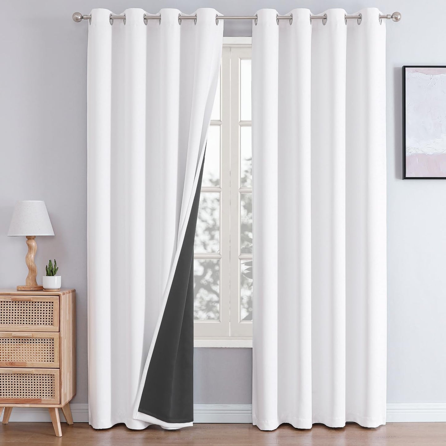 ChrisDowa White 100% Blackout Curtains for Bedroom with Black Liner, 2 Thick Layers Total Blackout Thermal Insulated Grommet Long Window Curtains 2 Panels Set (Pure White, 52 x 95 Inch)