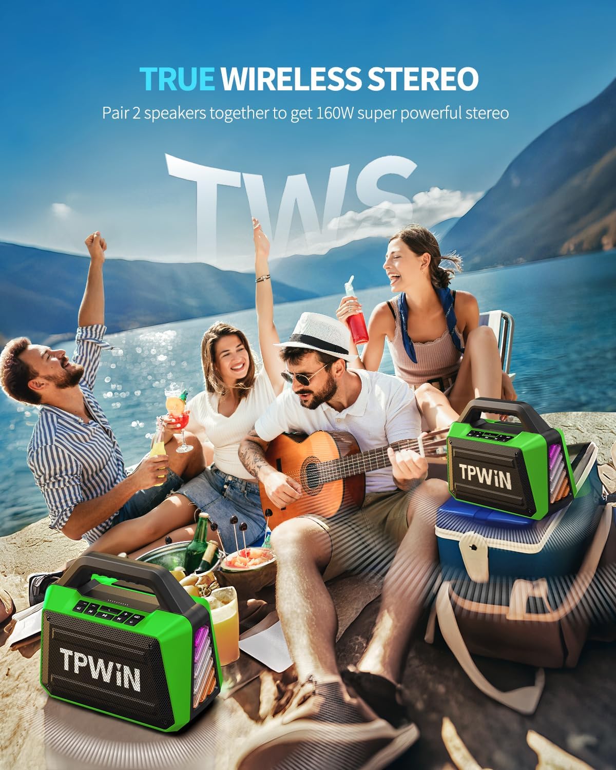 Portable Bluetooth Speaker Wireless - Loud Speakers 80W Peak, 20H Playtime, Light Show, TWS, Deep Bass, BT 5.3, IPX6 Waterproof for Outdoor Travel Camping Beach Pool - Green