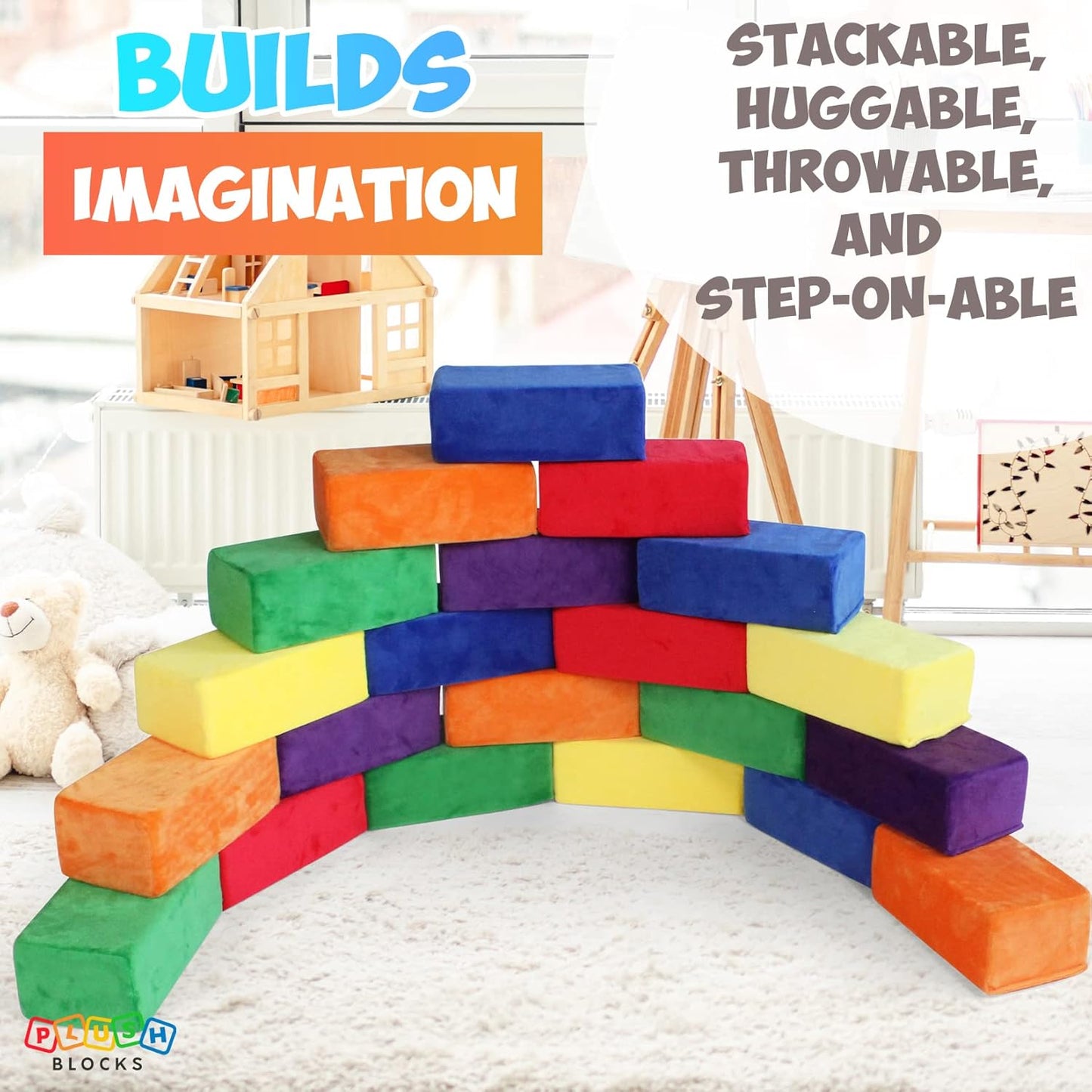 The Original Premium Plush Building Block for Kids - Certified Safe Foam Blocks in Luxuriously Soft Fabric Covers - Set of 24 (Classic Colors)
