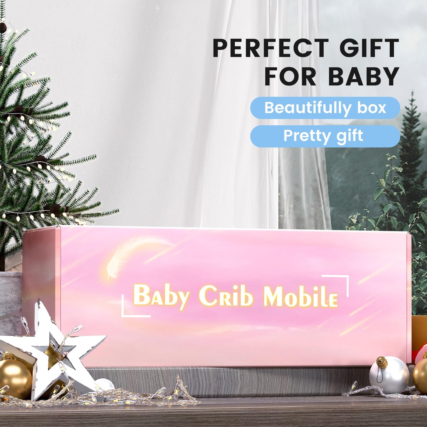 Feisike Crib Mobile for Girls - Baby Mobile for Crib with 35 Lullabies, 3 Modes Digital Musical Box（Turn Only, Music Only, Turn & Music, Pink, Nursery Toys, Nursery Decor, Knob Type