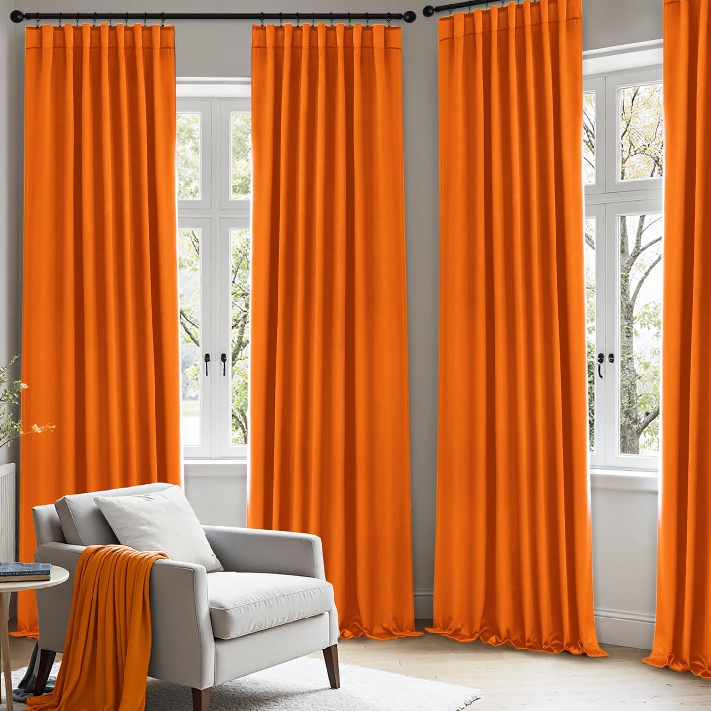 ANRODUO Back Tab Blackout Curtains for Bedroom Living Room, Rod Pocket Pinch Pleated Thermal Insulated Room Darkening Curtains 96 Inches Long 2 Panels, Orange, 42 x 96 Inch