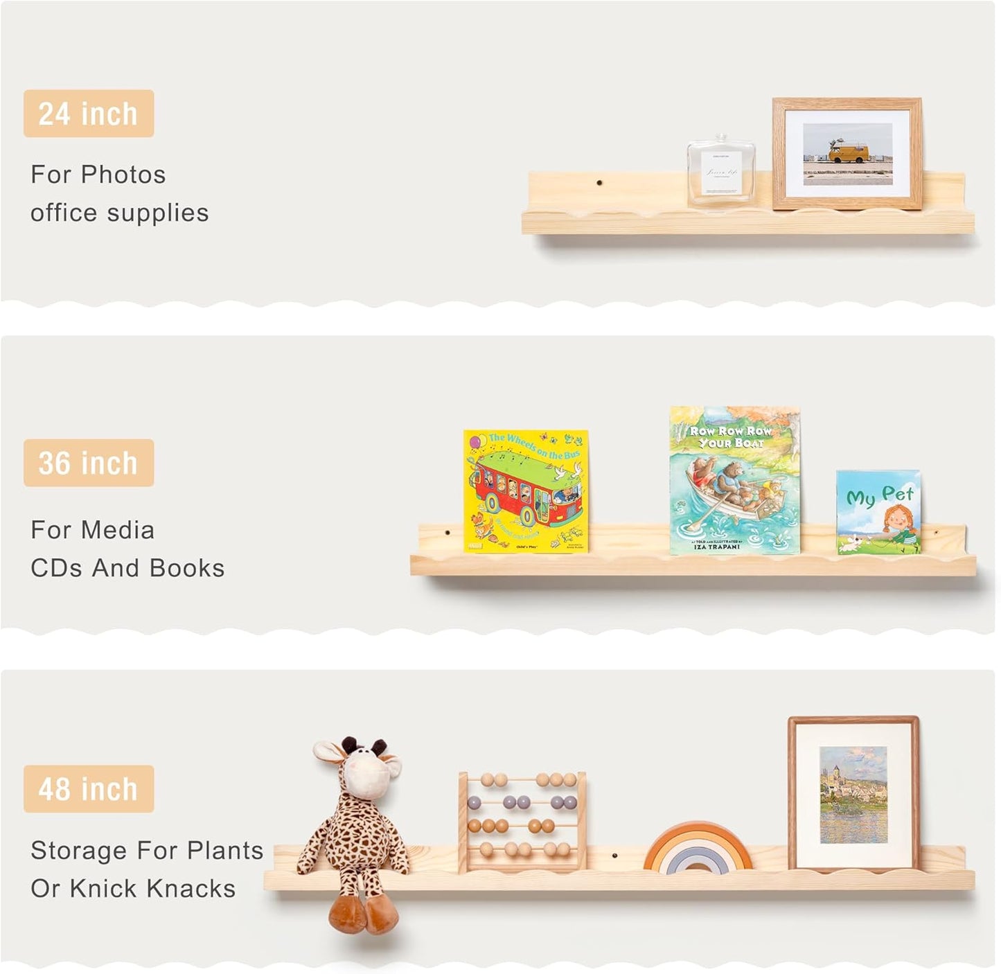Fun Memories Picture Ledge Shelf for Wall, 48 inch Pine Wood Nursery Book Shelves Set of 2- Wall Book Shelves for Kids Room, Home Decor - Kitchen Spice-Natural